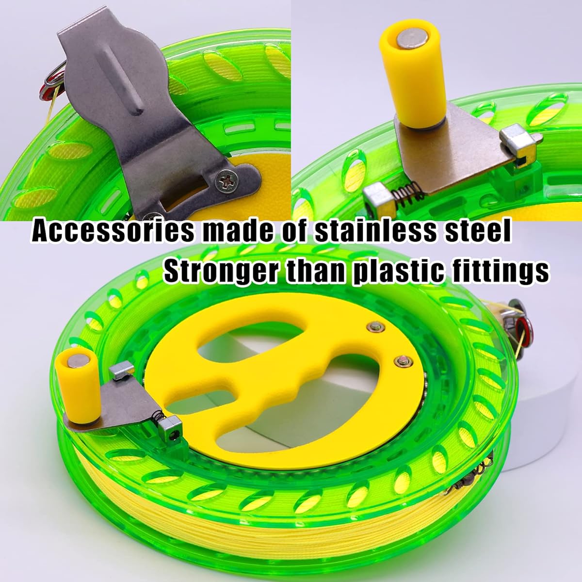 Kite Reel Kite String with Reel 7.2 Inch Diameter High Strength Kite String Stainless Steel Parts Safety Lock Design with Connector Kite String Spool for Kids and Adults (Green)
