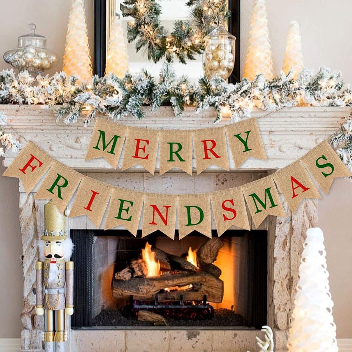 SWYOUN Burlap Merry Friendsmas Banner Christmas Holiday Friends Party Supplies Garland Decorations (Colorful)