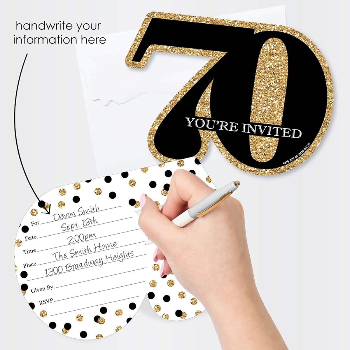 Adult 70th Birthday - Gold - Fill-in Invitations - Birthday Party Invitation Cards with Envelopes - Set of 12