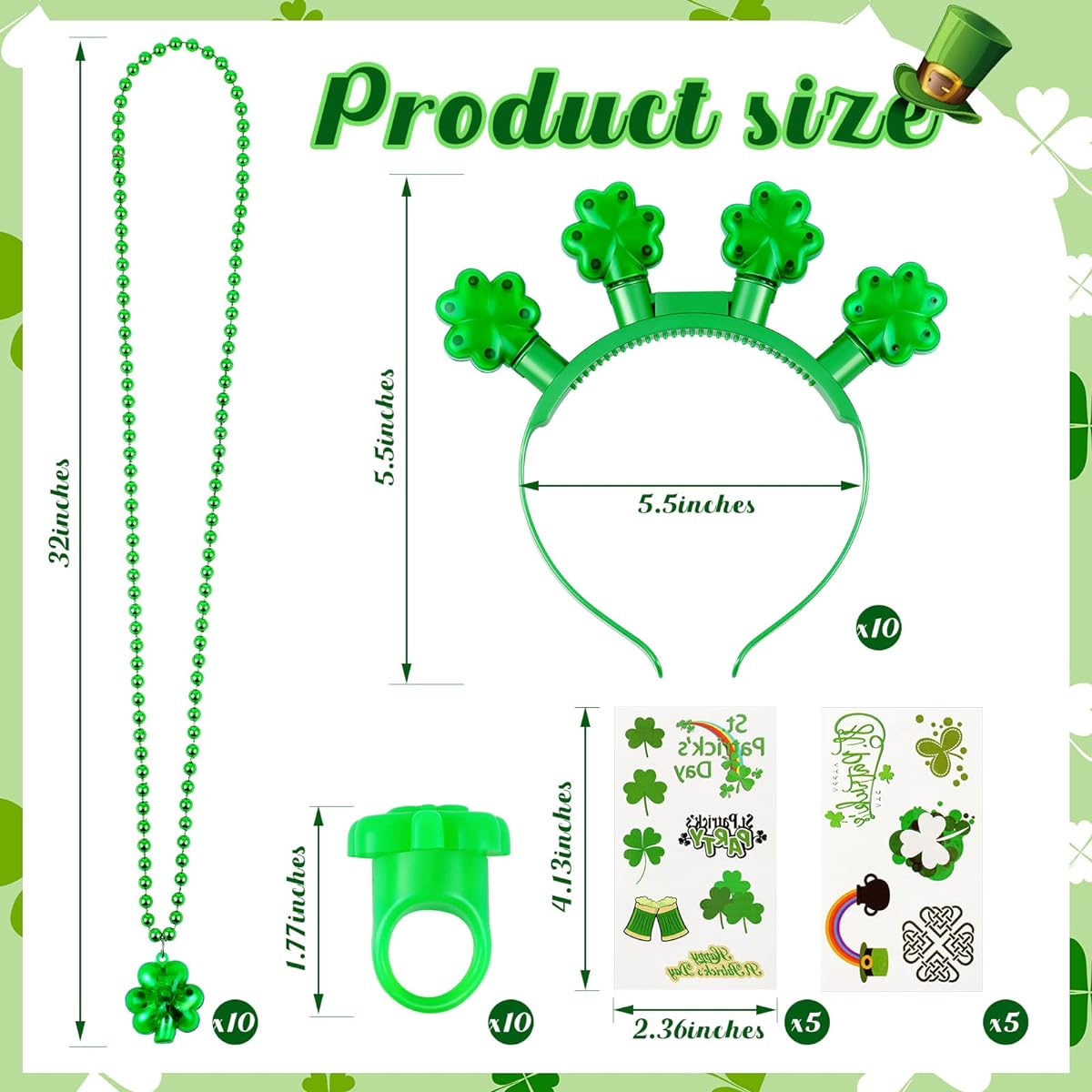 St. Patrick's Day Accessories Set 40 Pieces Green Shamrock Headband LED Glow Necklace Glowing Tattoo Stickers St. Patrick's Irish Day Party Supplies Favors