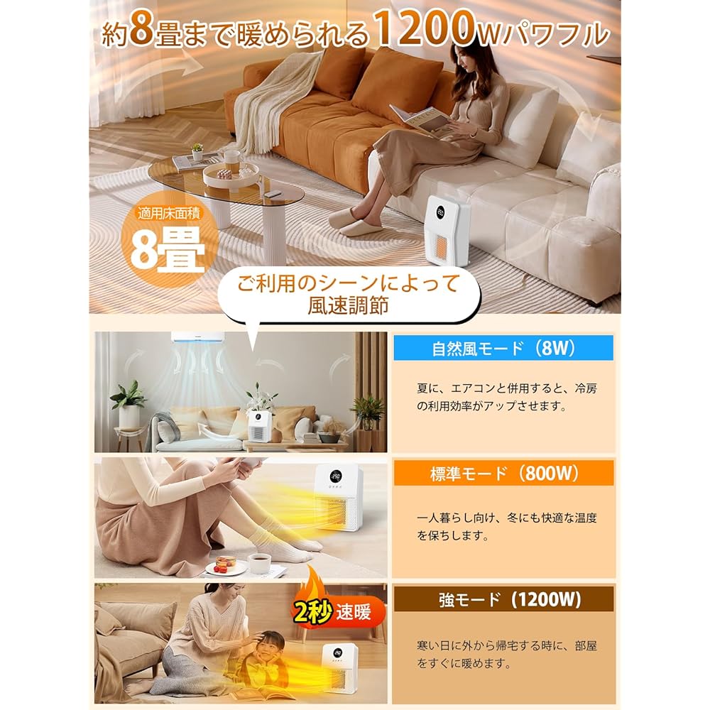 Ceramic Heater, Wall Mounted Electric Heater (2023 Model, 3-way, ECO Mode, 1200 W), Energy Saving, 2-Second Speed Warming, Large Airflow, 2 Levels of Hot Air, Suitable for 8 Tatami Rooms, Hanging