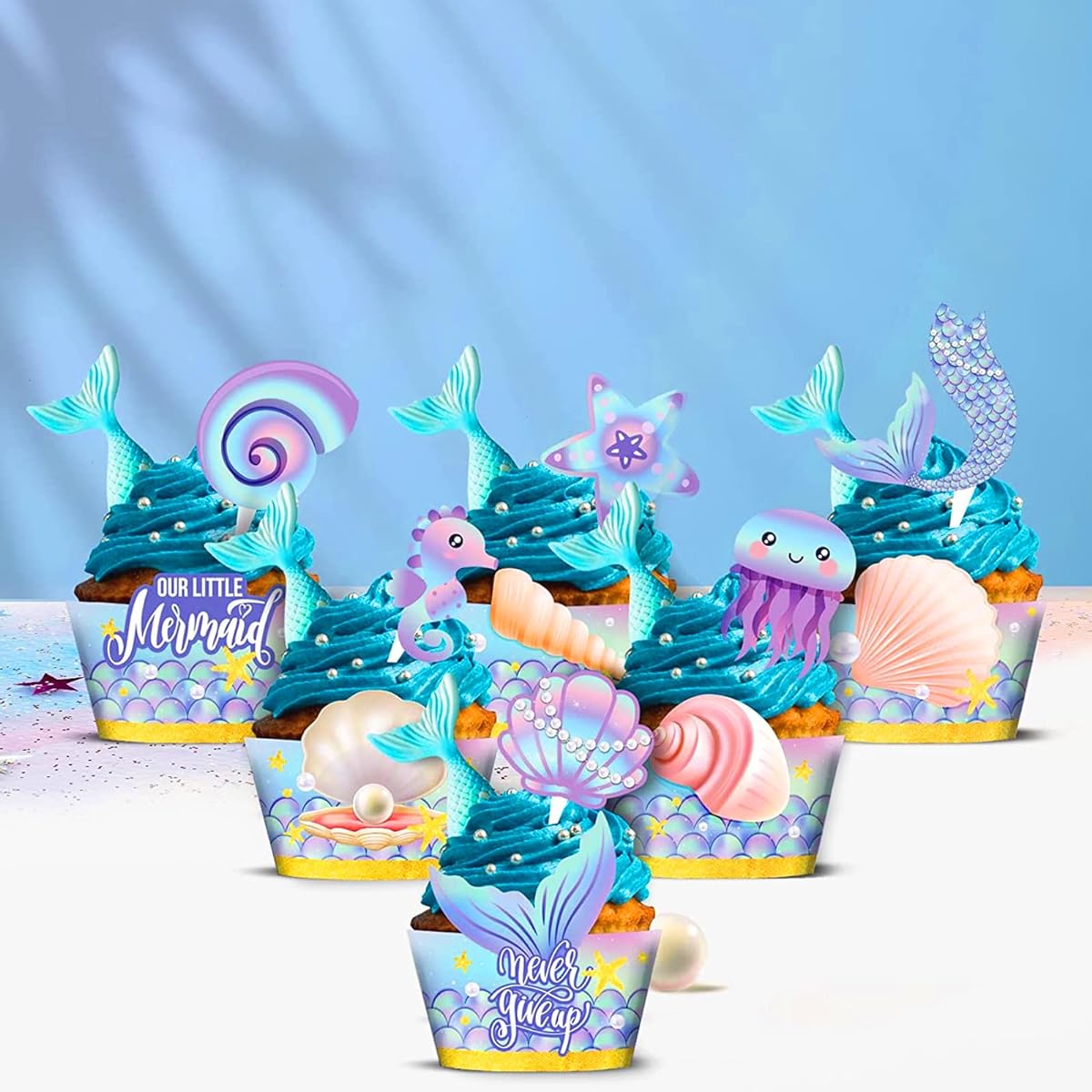 24 Pieces Mermaid Cupcake Toppers and Wrappers Mermaid Party Decorations Little Mermaid Theme Decorations Under the Sea Theme Baby Shower Birthday Party Favors