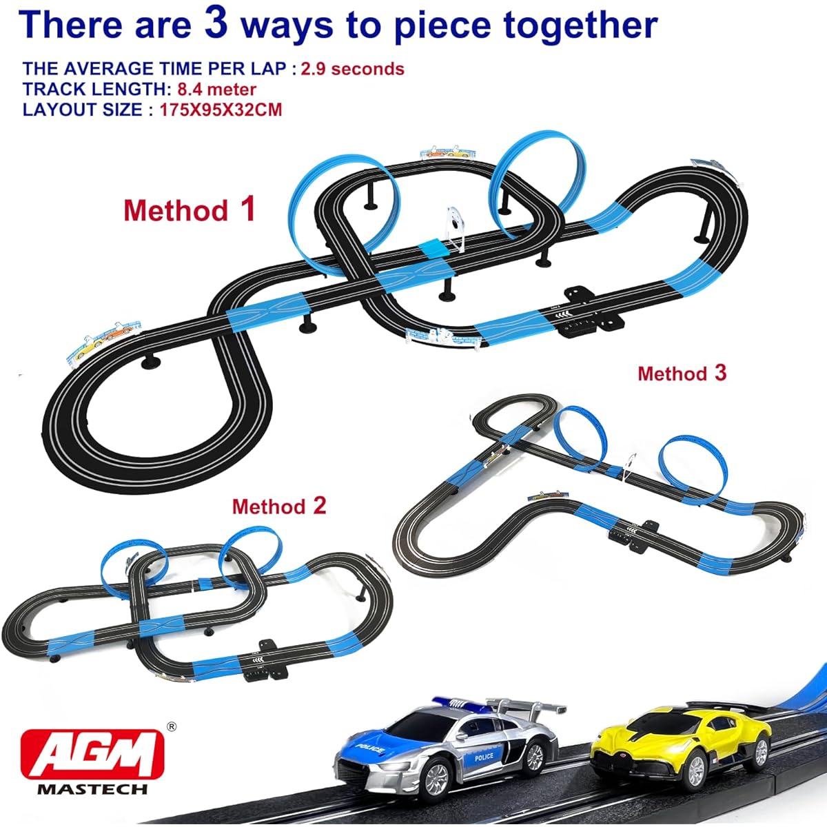AGM MASETCH High Speed Series Slot Car Dual Race Track Set MR-10L 1:64 Scale with 3 Cars & Lap Counter