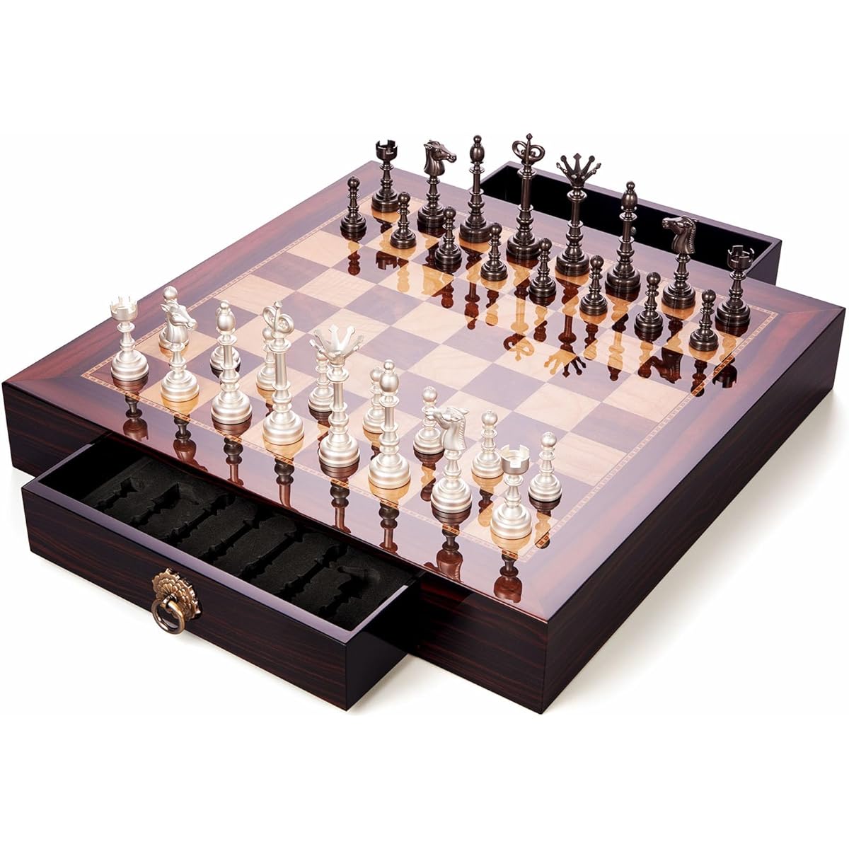 AMEROUS 19.6" Wooden Chess Set with Metal Chess Pieces, 4.5" King, 2 Storage Drawers, Gift Wrapped, Tournament Chess Board Game for Adults and Kids