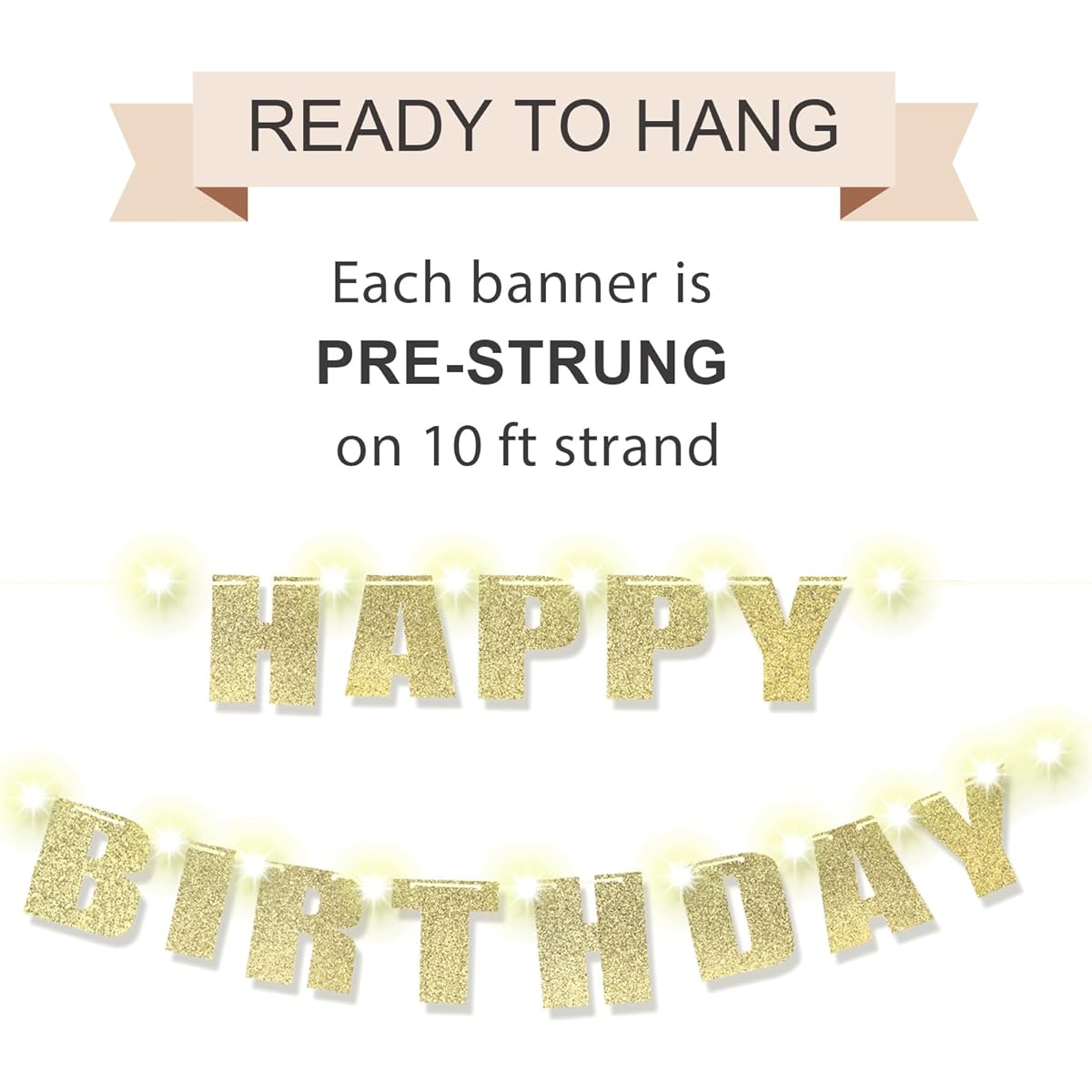 RUBFAC Pre-Gusted Happy Birthday Banner - No DIY - Gold Glitter Birthday Party Banner with 2 Fairy Lights Birthday Party Decorations