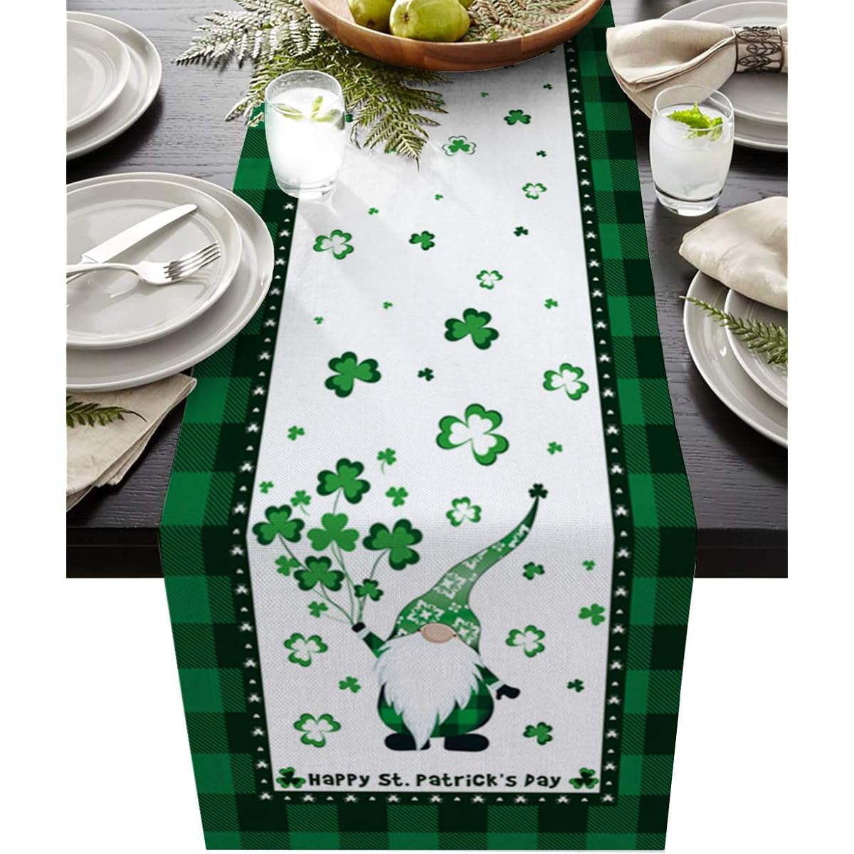 Cotton Linen Table Runner Gnomes Happy St. Patrick's Day Table Setting Decoration Lucky Green Plaid for Garden Wedding Party Dinner Home Decor Everyday Use - 13 x 36 Inch