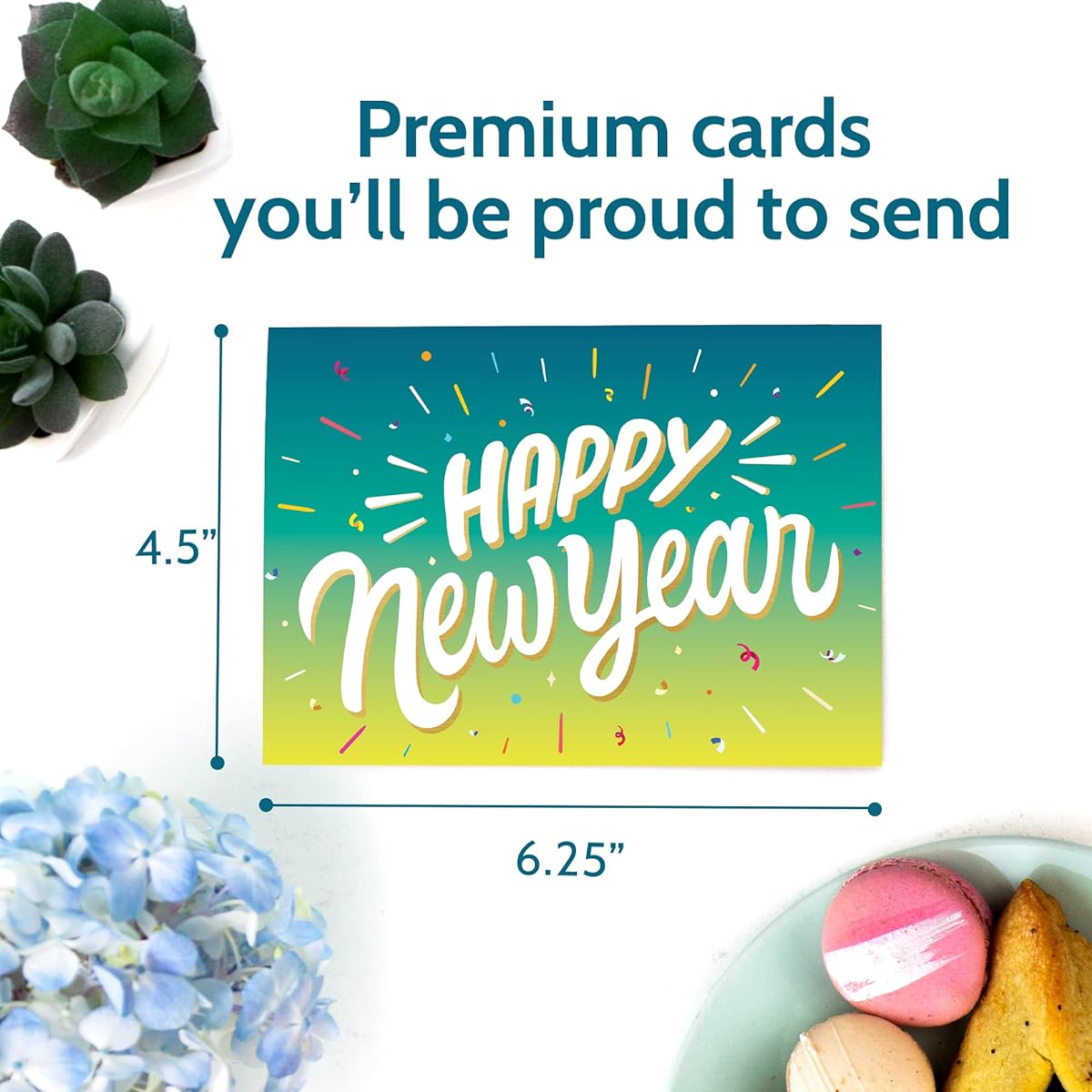 24 Happy New Year Cards - 4 Cards with Inside Messages - Winter Holiday Greeting Card Set with Envelopes