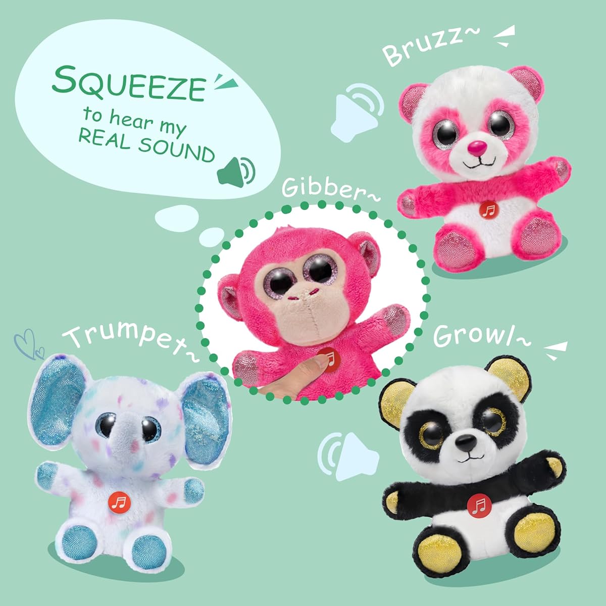 Nleio Talking Zoo Stuffed Animals Set of 6 Cute Soft Plush Toys Set with Elephant Lion Monkey Pink Bear Purple Bear Panda Small Stuffed Animals for Babies Kids Girls Boys