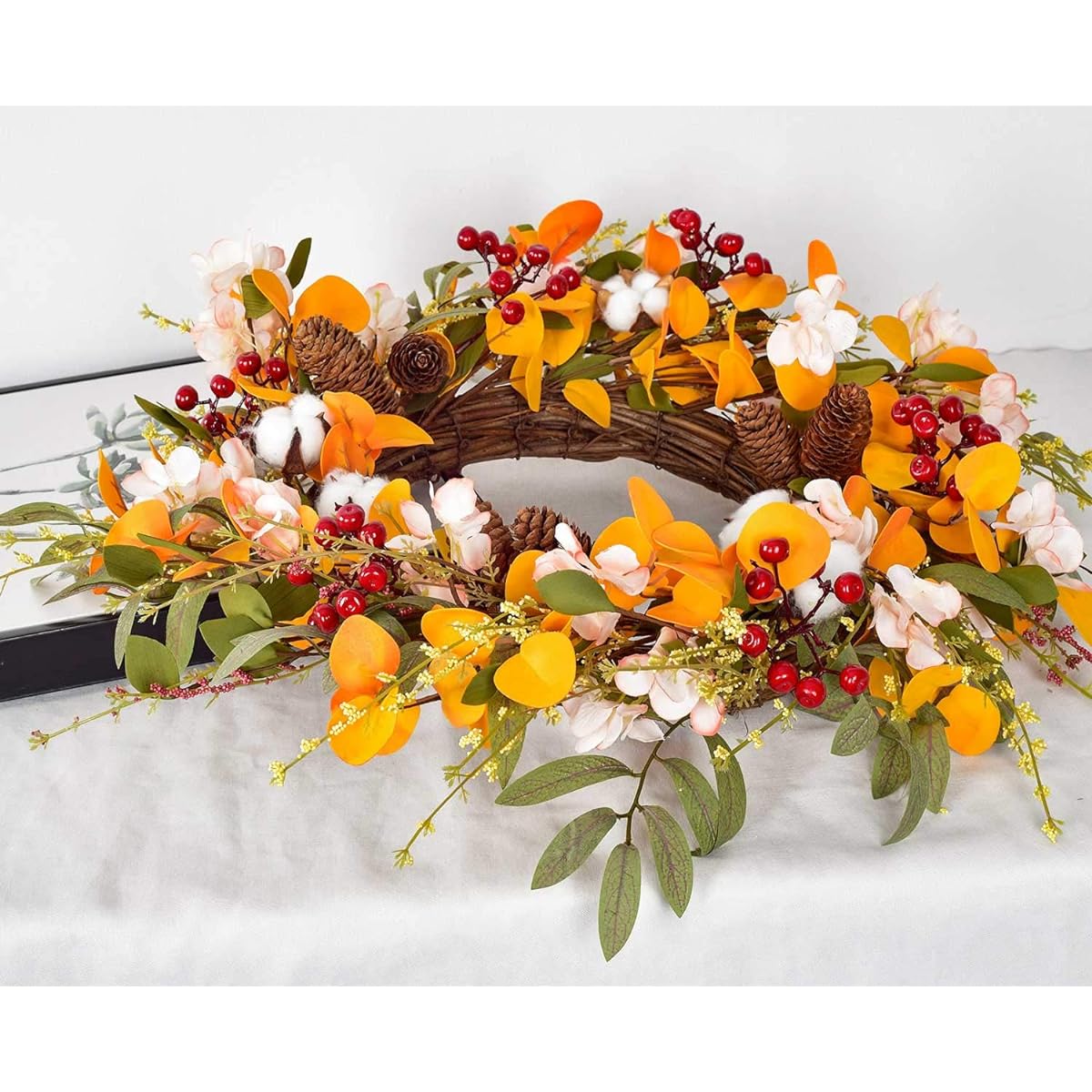 Lvydec 20" Blossom Silk Fall Wreath - Front Door Wreath with Hydrangea Flowers, Cotton Bolts, Pine Cones, Berries, Eucalyptus, Olive Leaves for Fall and Thanksgiving Decorations