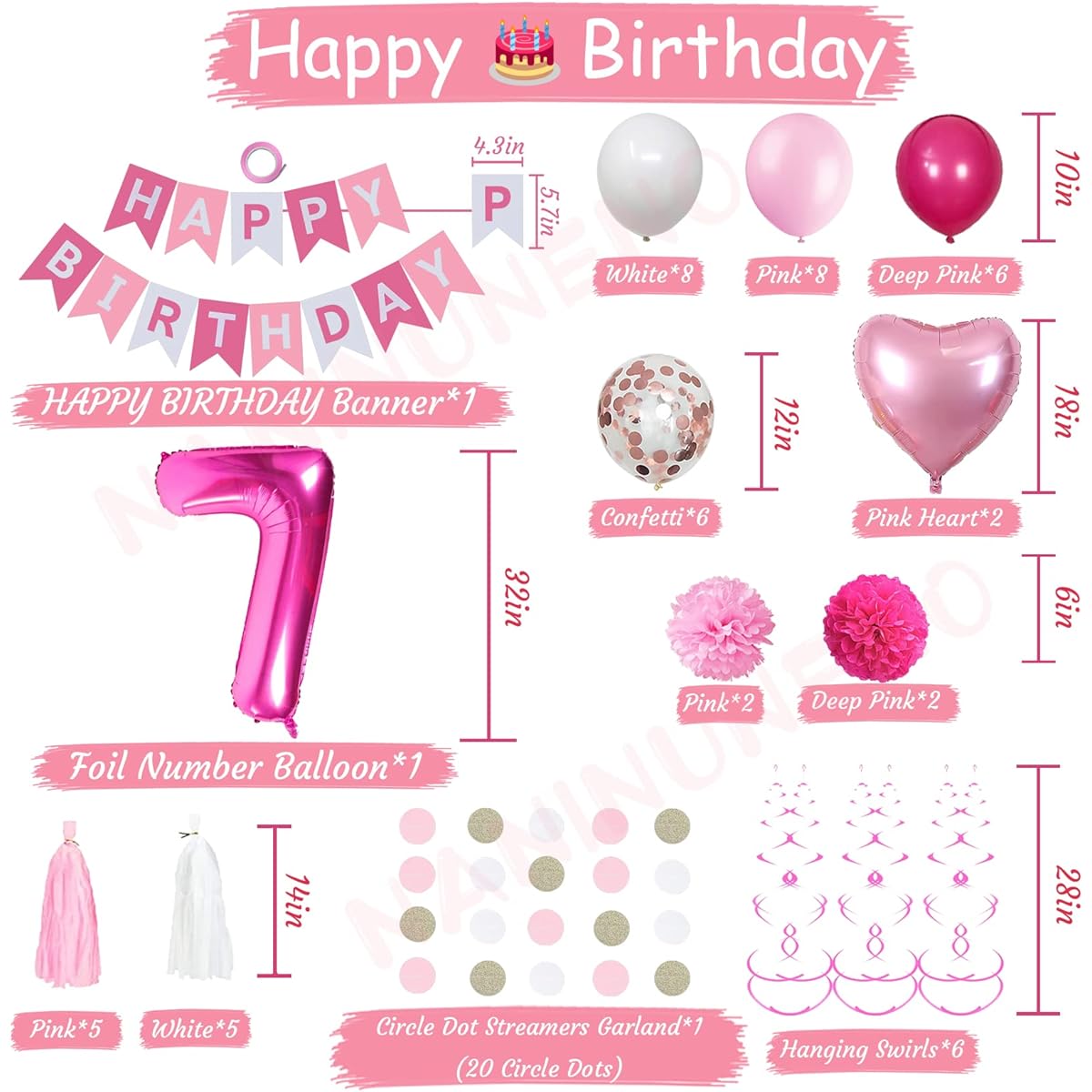 Sweet 7th Birthday Decorations for Girls, Pink and White 7 Happy Birthday Balloons, 7th Birthday Party Supplies, Pink Happy Birthday Banner, Hot Pink Number 7 Foil Balloons