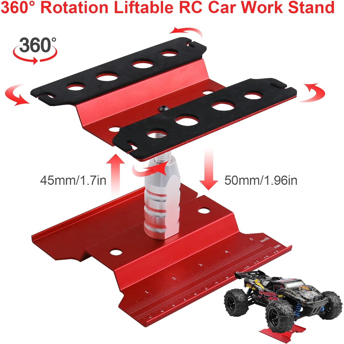 RC Car Work Stand Aluminum Alloy 360 Degree Rotation Lift RC Repair Tool Workstation Hobby Tool Kit for 1/8 1/10 1/12 Scale Traxxas Arrma Redcat RC Truck Buggy (Red)