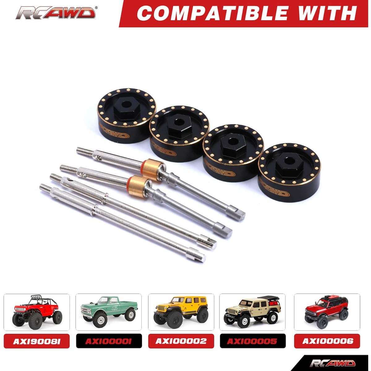 RCAWD SCX24 Extended 6mm CVD Driveshaft Front & Rear Axle Driveshaft & 9g Brass Hex Weights for Wider Chassis and Bigger Wheels for Axial 1/24 Crawler
