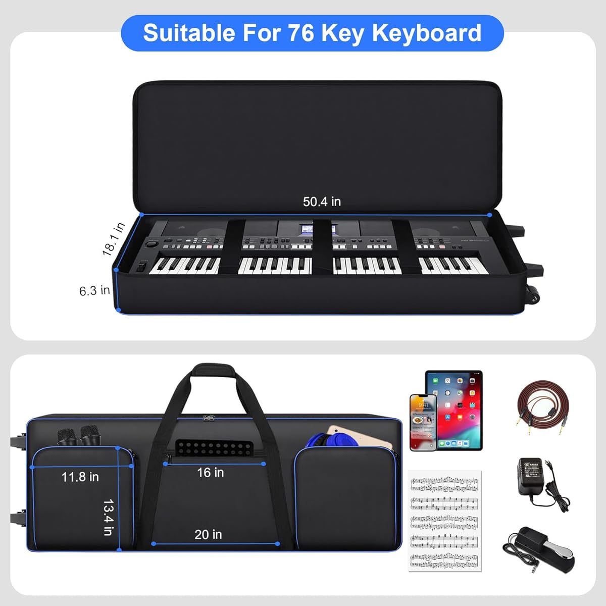 76 Key Keyboard Case with Casters (Internal Size: 50.5"x18.1"x6.3") | 76 Key Keyboard Rolling Bag with Soft Handle & Padded Shoulder Strap | Portable 76 Key Keyboard Case Roller Bag (Black)