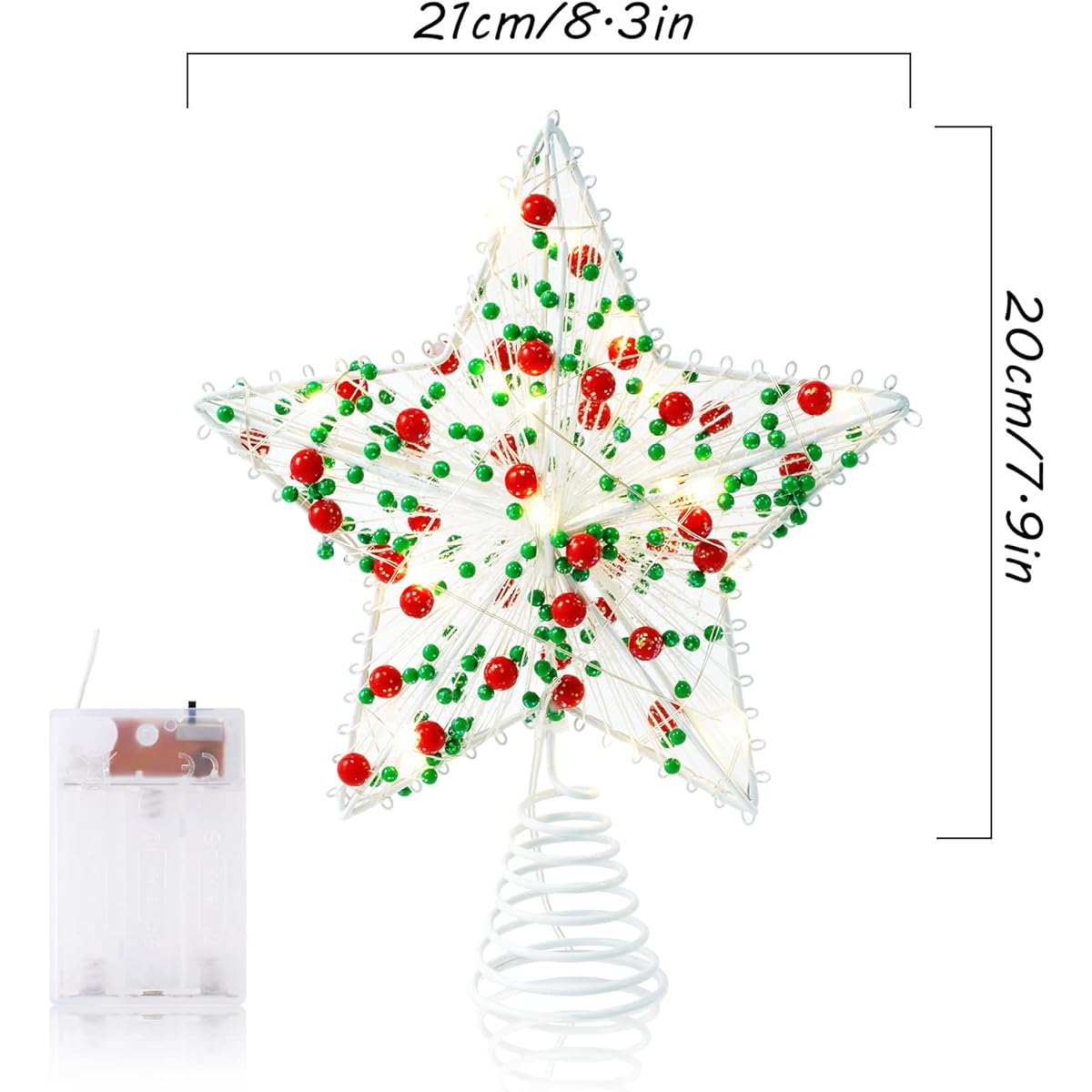 Whaline Christmas Star Tree Topper 8.3" Red Green Berries with Dots 3D Star Tree Top LED Light Battery Operated Unique Design Christmas Tree Ornaments for Christmas Party Indoor Outdoor Home Decoration