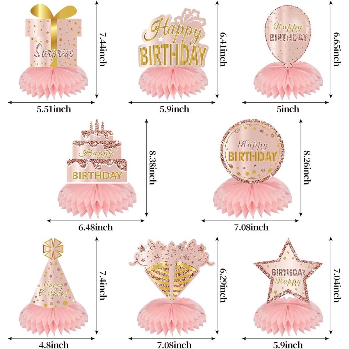 Pink Rose Gold Birthday Honeycomb Centerpiece Decorations for Women Girls 8 Pieces Rose Gold Happy Birthday Table Centerpieces Party Supplies 10th 16th 21st 30th 40th 50th 60th Birthday Table Topper Sign
