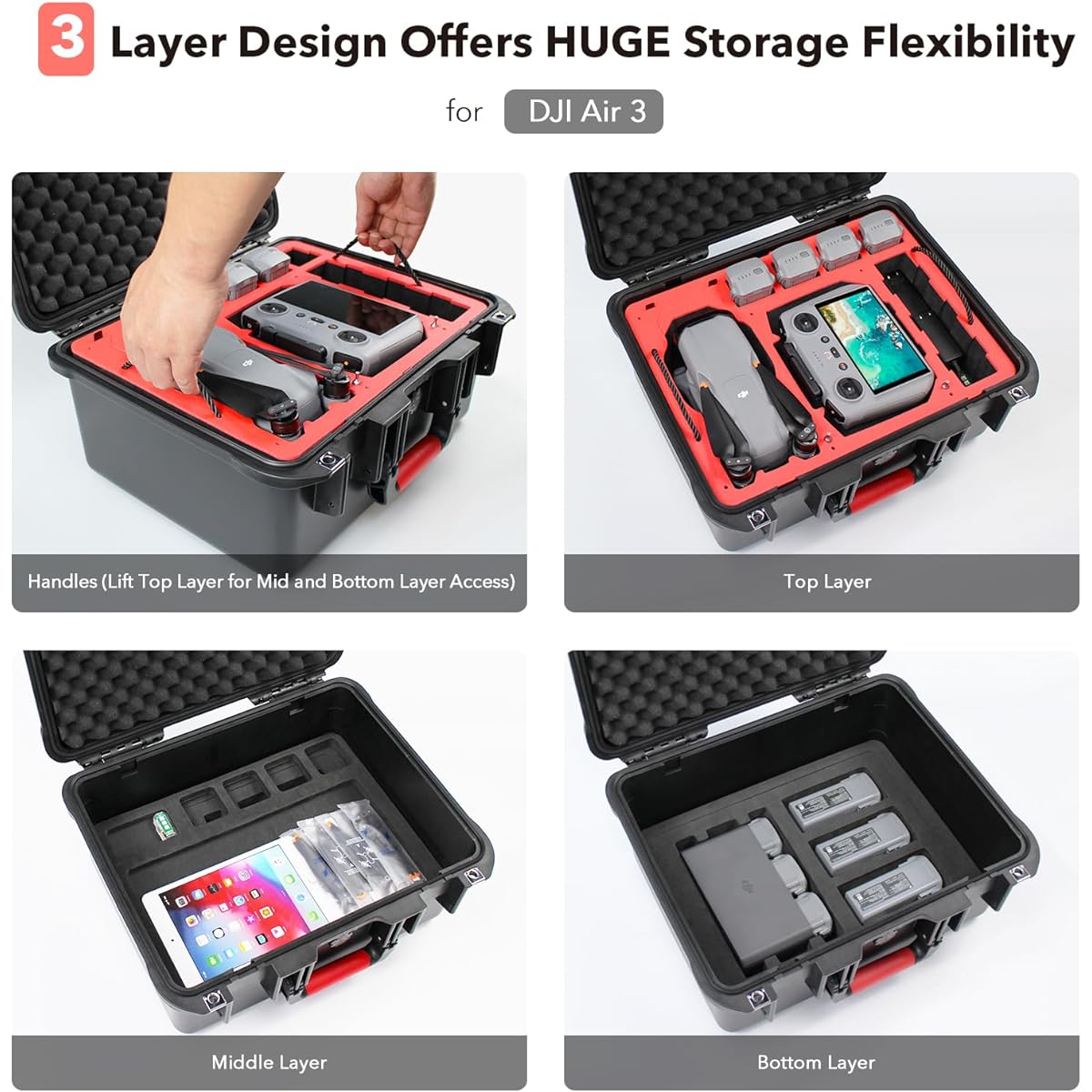 SYMIK P400-A3TL Air 3 Triple Layer Waterproof Hard Carrying Case for DJI Air 3/Fly More Combo, Compatible with DJI RC 2/RC-N2/ RC Pro Remote Control, Compatible with Landing Pad, iPad, Accessories
