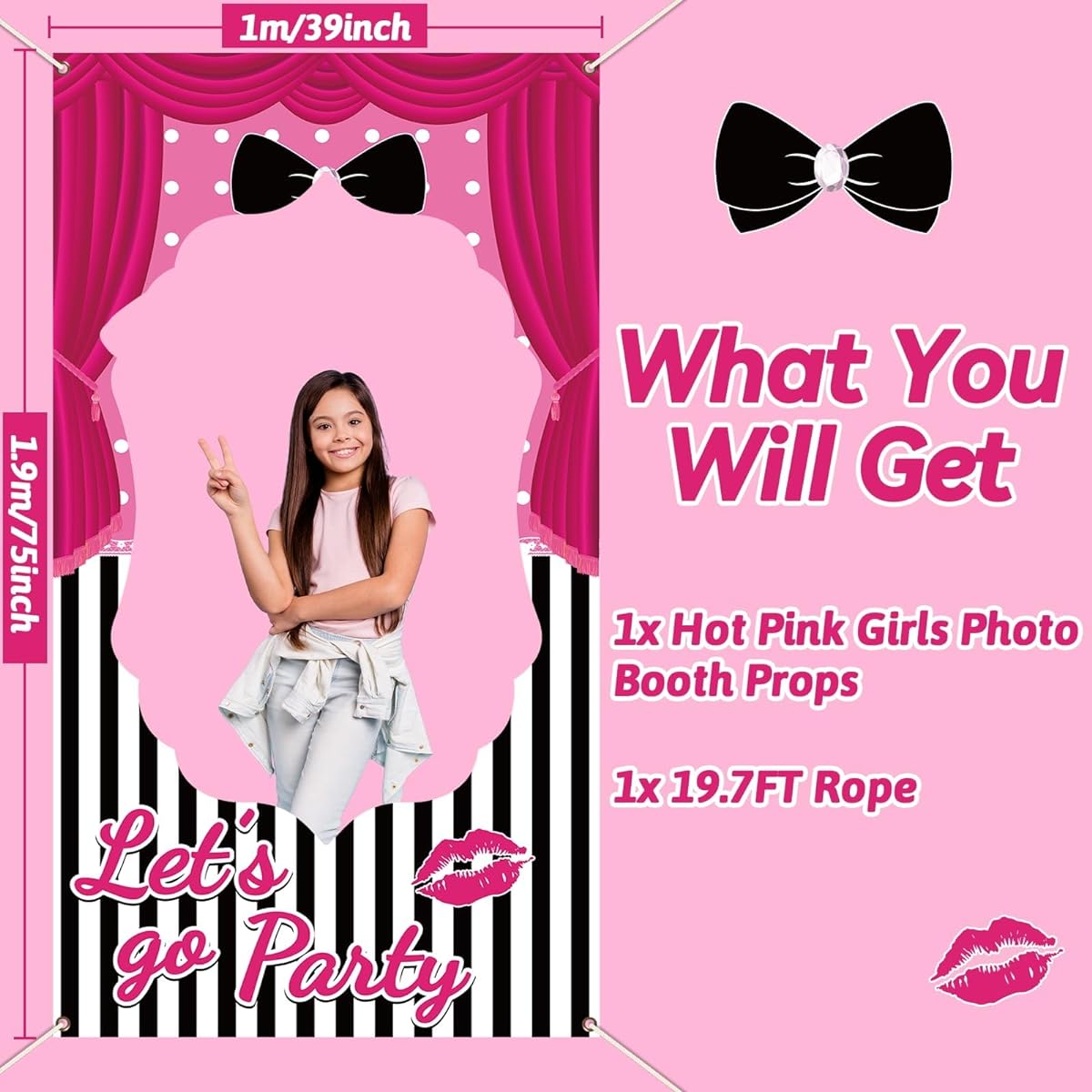 QOUBAI Let's Go Party Decorations, Hot Pink Girls Photo Booth Props, Pink Girls Party Decorations, Pink Doll Photo Frames, Pink Girls Photo Booth Props, Fun Photo Props, Backdrop for Birthday Bachelorette Party