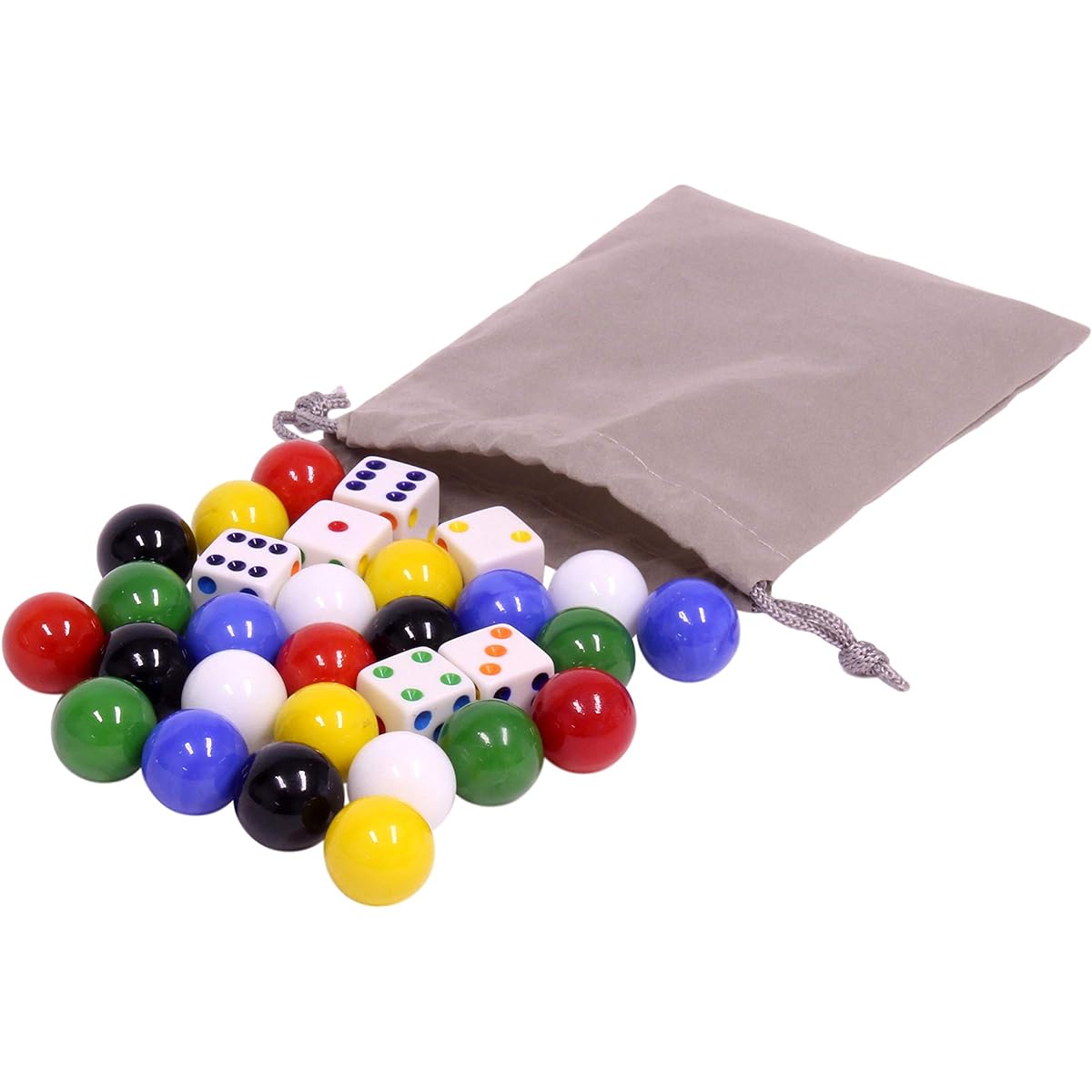 Game Bag of 24 Glass Marbles (17-18mm) and 6 Dice for Aggravation Game