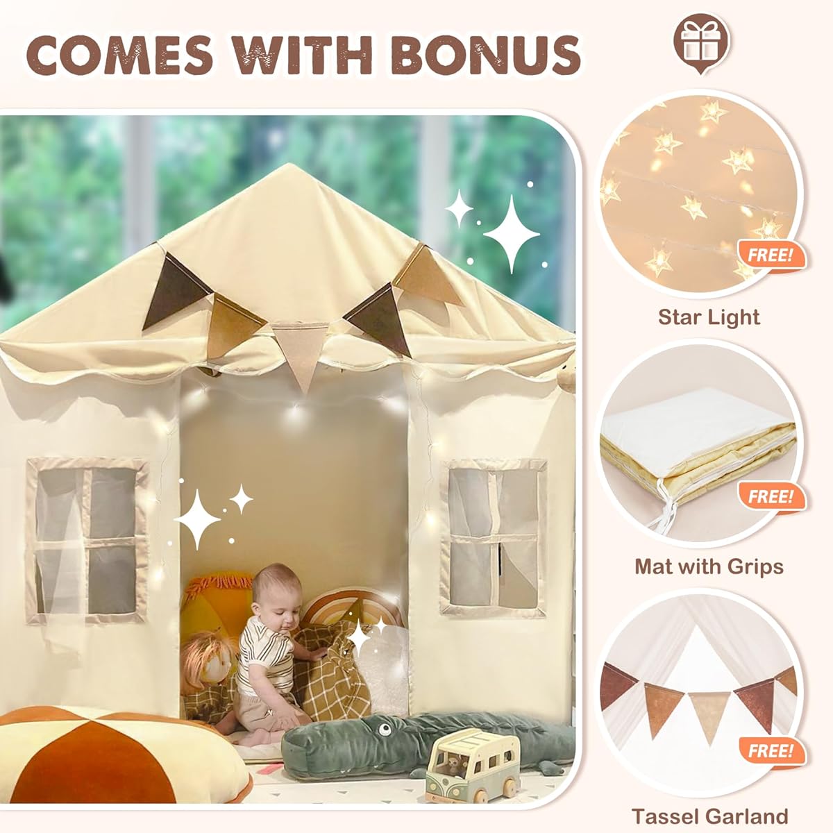 little dove Kids Tent with Window, Kids Playhouse Indoor & Outdoor with Mat/Banner/Lights, Large Play Tent for Kids Girls Boys Toddler Tent, Reading Tent, Washable, Foldable, 52x35x53 Inch
