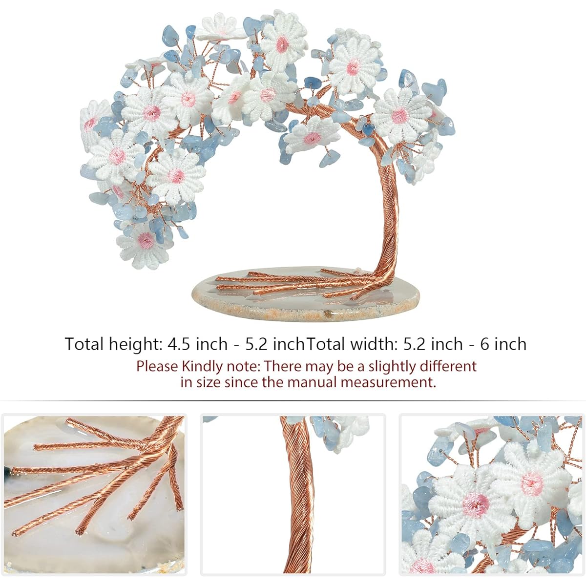 rockcloud Aquamarine Crystal Money Tree Lace Flower with Agate Slice Base Feng Shui Jewelry Tree of Life Home Office Desktop Decor