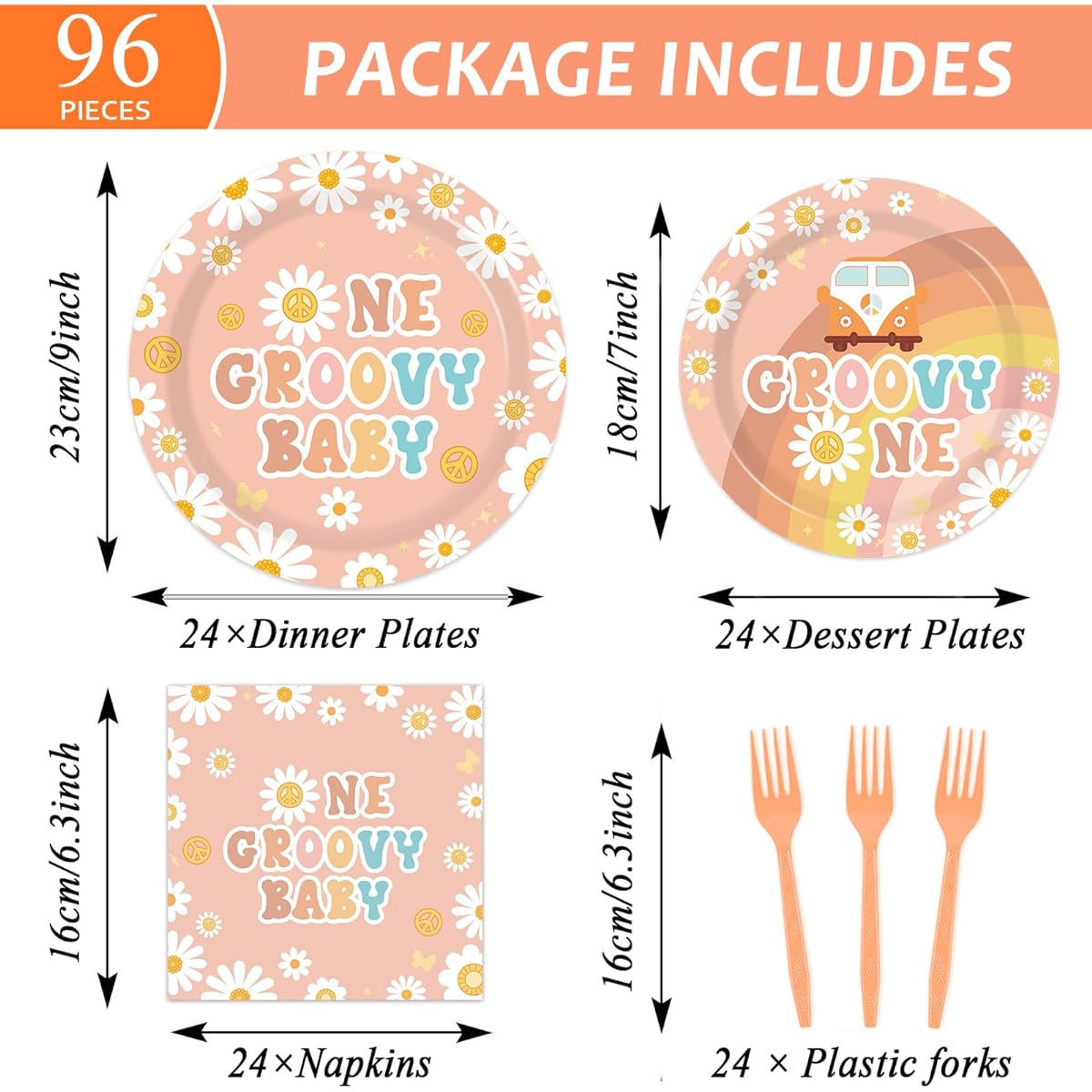 96 Pieces Hippie 1st Birthday Tableware Groovy Baby Birthday Decorations Groovy One Party Plate Napkins for Newborn Retro Boho Baby Shower Party Decor Supplies