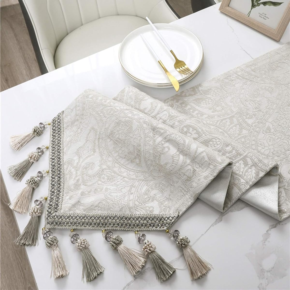Tablecloth, beige, table runner, blue, table cover, Christmas decoration, table mat, dining table cover, stylish, modern, stain-resistant, heat-insulating, non-slip, tassel, home decoration, for restaurants, for home use, 32*200, table cover