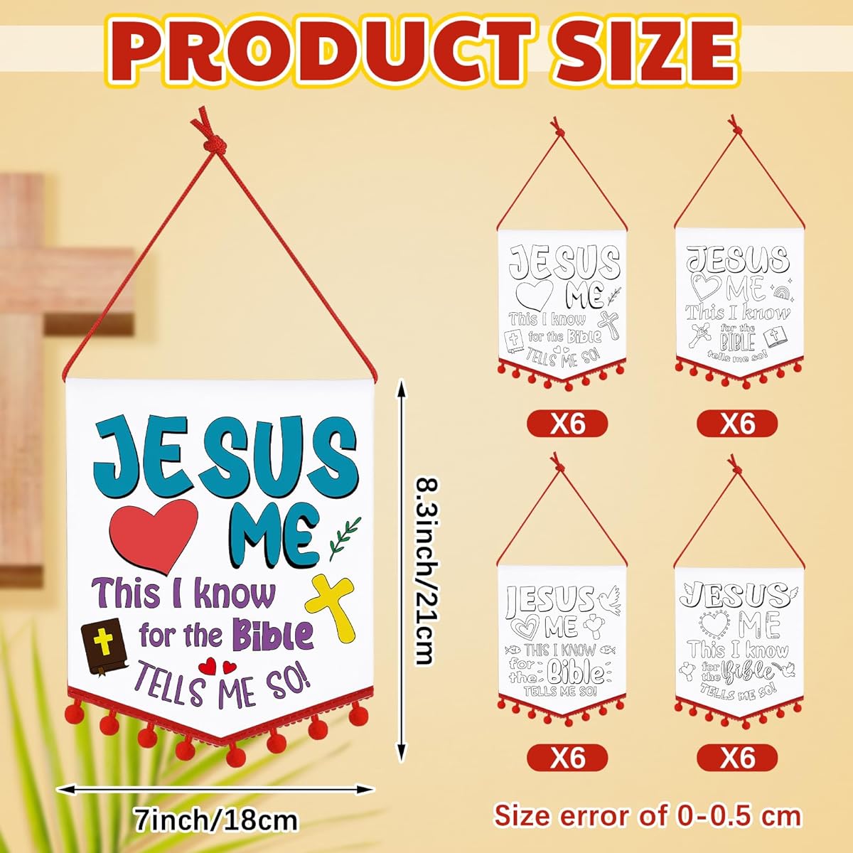 VitalCozy 24 Set Make Your Own Religious Banners for Kids DIY Jesus Loves Me Banners with Pom Poms Christian Religious Hanging Crafts for Kids Sunday School Religious Party Favors Games Activities