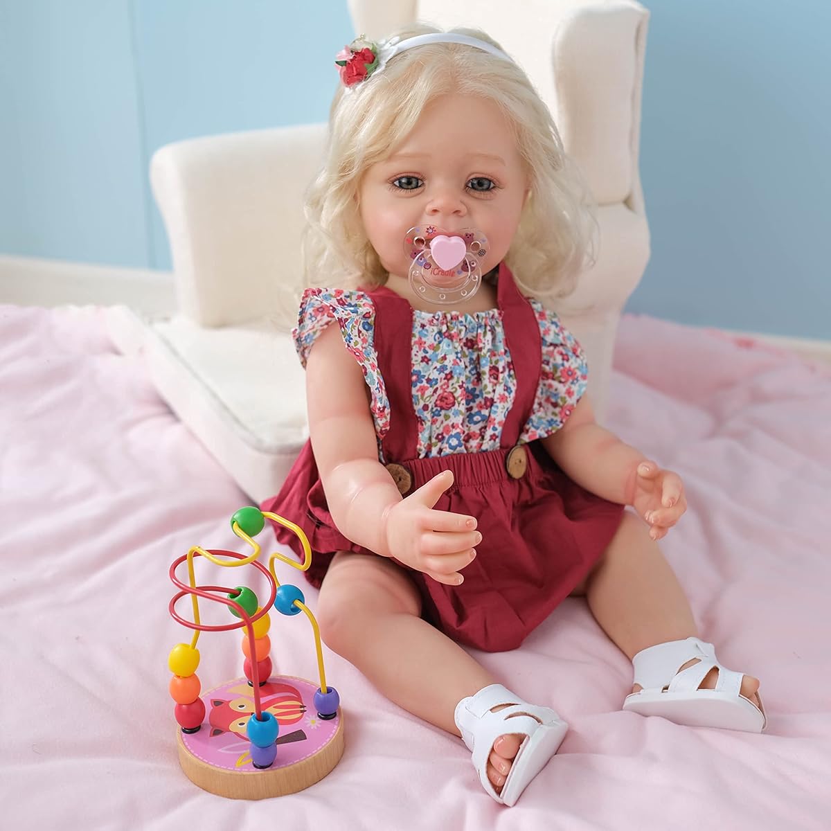 ROSHUAN Lifelike Reborn Baby Toddler Doll Silicone Full Body Real Blonde Hair Real Life Silicone Baby Doll 22 Inch Smile Girl with Teeth Gift Set for Kids