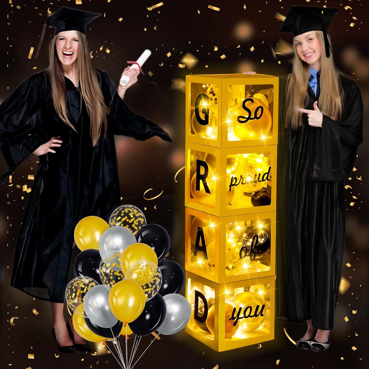 2023 Graduation Party Decorations Black Gold Graduation Balloon Box with 4 LED String Lights and Word GRAD, 40 Balloons, College/School/Congratulations/Graduation Box Decorations (Batteries Included)
