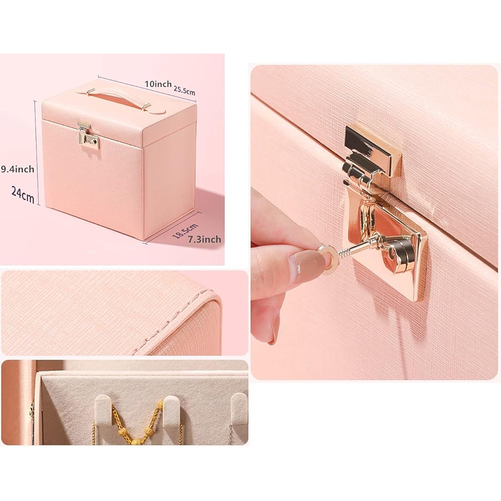 SANSREPONSE Jewelry Box, Complete Set of 3 Items, Large Capacity, Luxurious Accessory Case, Accessory Storage, Accessory Box, Jewelry Box with Key, Mirror, Earrings, Necklace, Ring Holder (L-TF Blue)