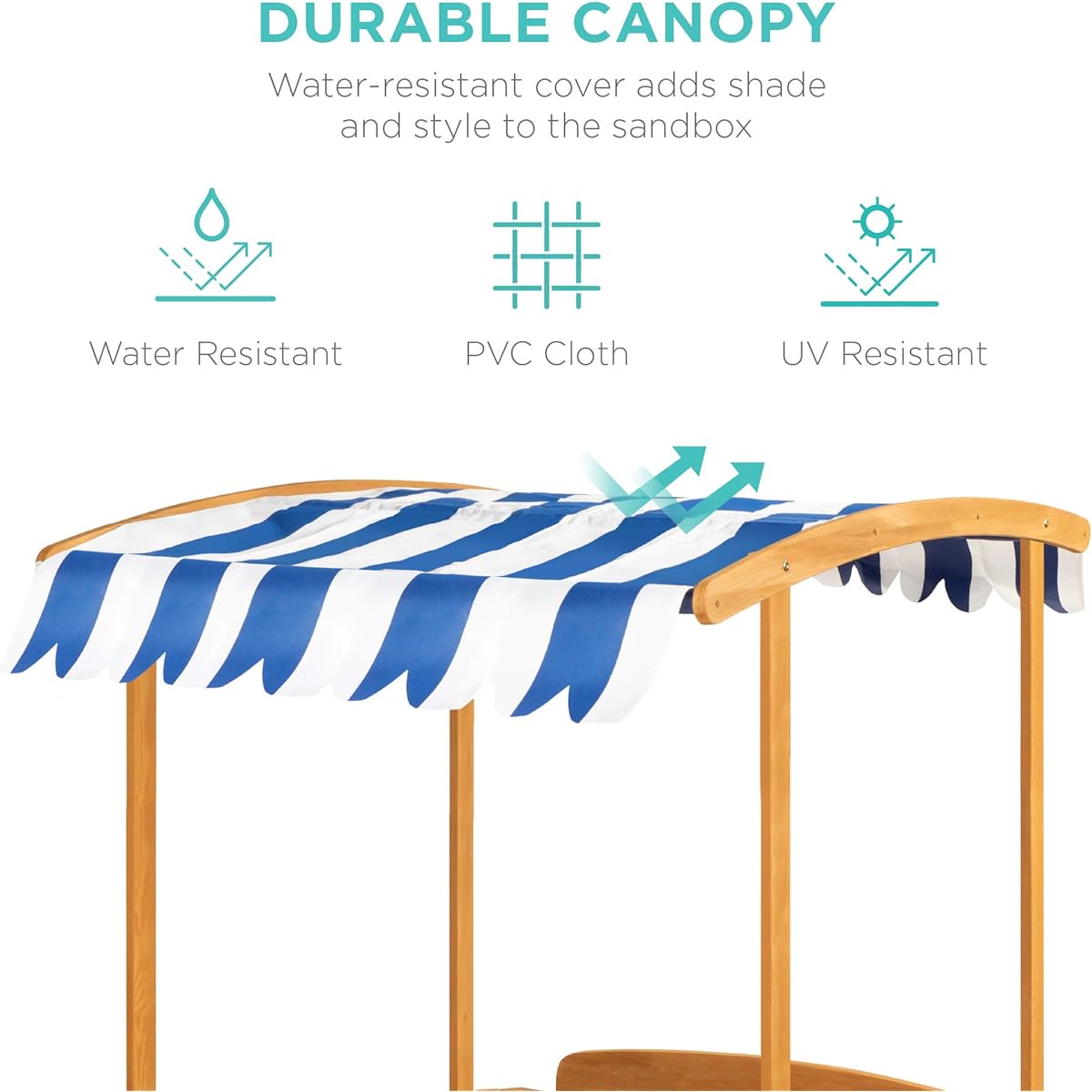 Best Choice Products Kids Wooden Cabana Sandbox Play Station for Kids Outdoor Backyard with 2 Bench Seats, UV Resistant Canopy Shade, Fabric Sand Pit Cover, 2 Side Buckets, Natural