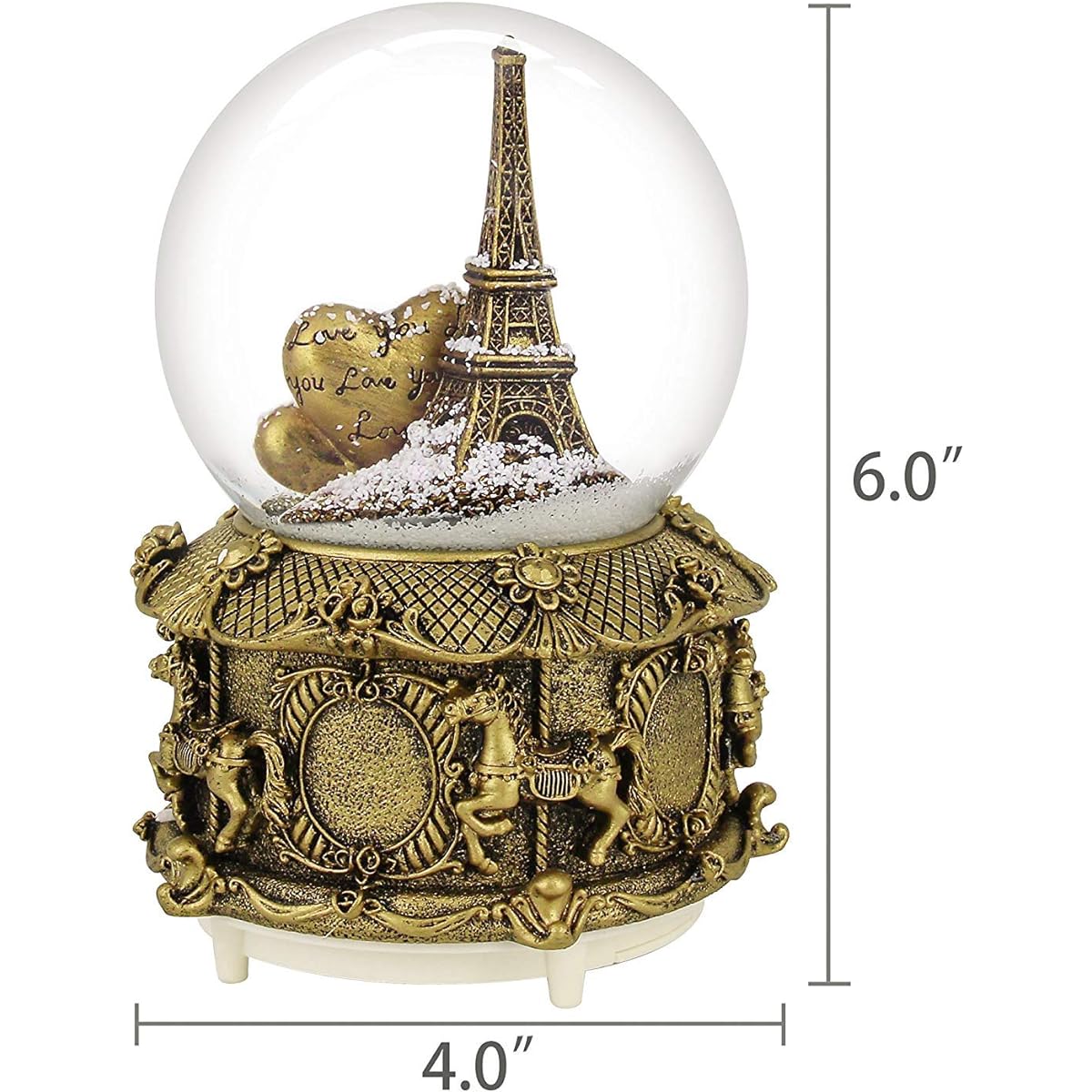 Paris Musical Snow Globe with Color Changing LED Lights Eiffel Tower Snow Globe Carousel Base Height 100mm 6'' Souvenir Collection Bronze