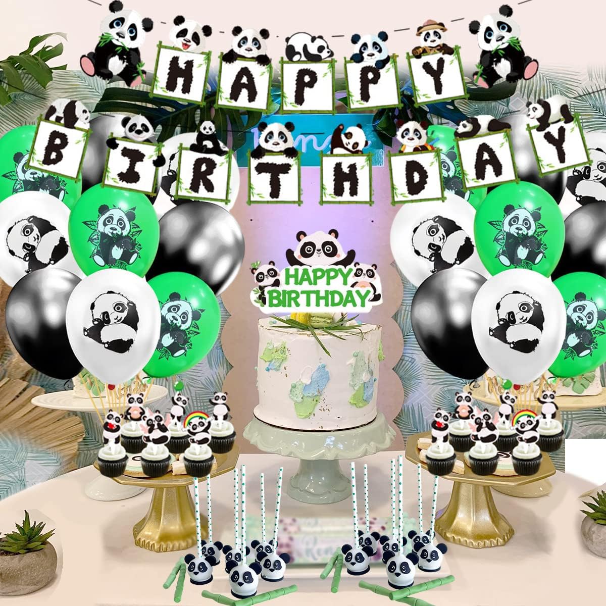 Panda Birthday Party Supplies, Panda Happy Birthday Banner Balloons Panda Cake Topper for Kids Boys Girls Panda Theme Birthday Party Decorations