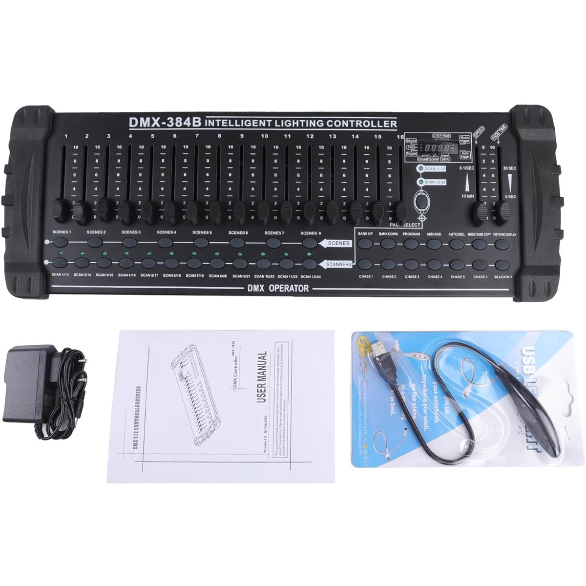 DMX Controller 384 Channel Fog DMX-512 DJ Controller Support 30 Banks 8 Scenes 24 Fixtures Stage Lighting Console Program Editing DJ Light Show Bar Club Live Christmas, ZQ12007