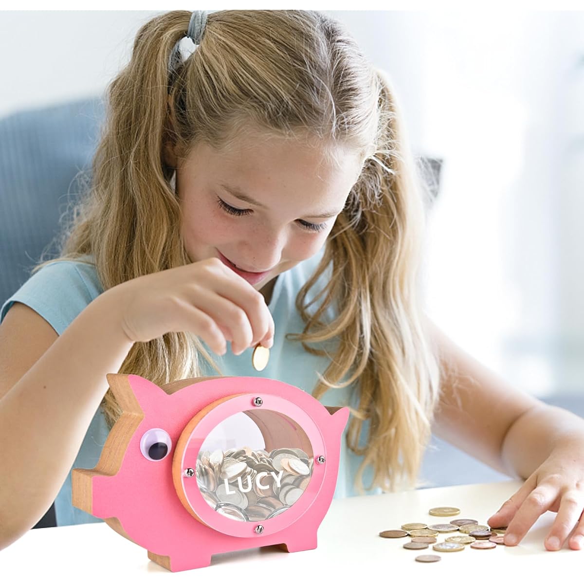 Wooden Piggy Bank Personalized Piggy Bank Children's Piggy Bank Wooden Coin Bank Piggy Bank Boys Girls Birthday Christmas Thanksgiving Gift (Pink)