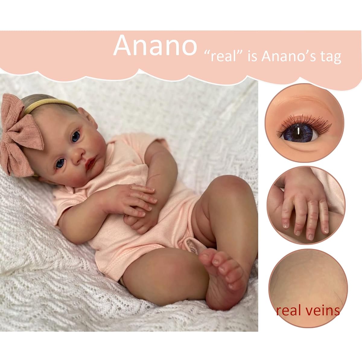 Anano Sleeping Reborn Baby Boy 20" Squishy Silicone Baby Doll Handmade American Baby Girl Realistic Newborn Doll Realistic Looking Flexible Limbs with Veins and Nursing Kit (Meadow Pink 19")