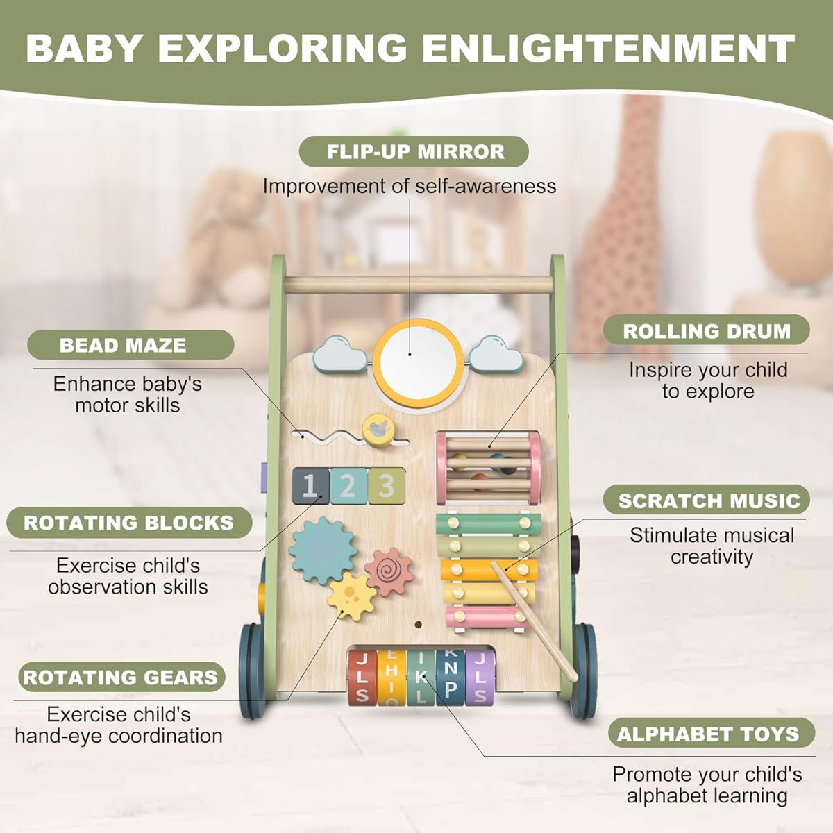 Wooden Baby Push Walker, Push and Pull Toddler Learning Walker for 12 Months + First Time Gift for Boys Girls Kids, Multiple Activity Center, Motor Skills Development, Creativity