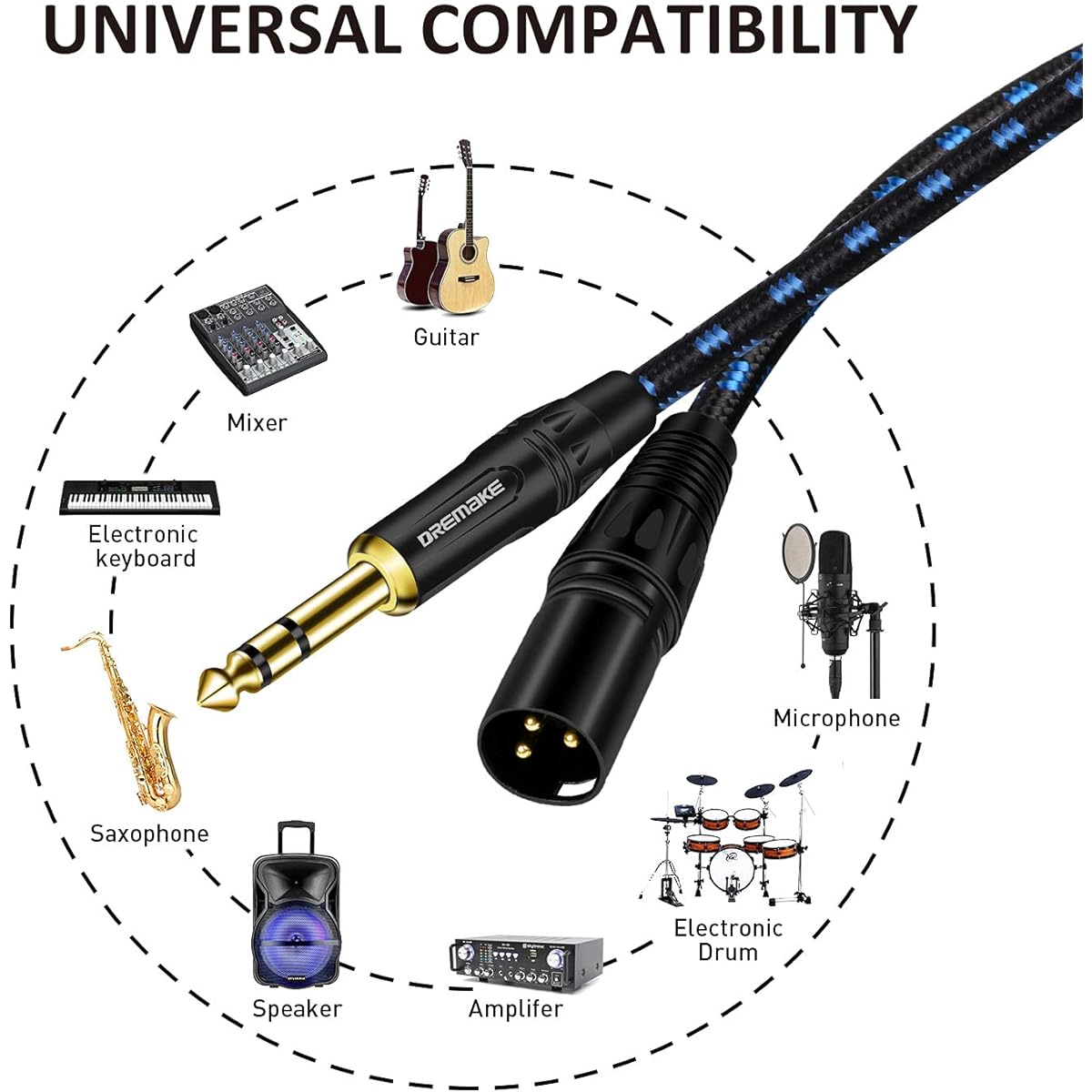 DREMAKE 33' XLR to 1/4" TRS Microphone Audio Cable XLR 3 Pin Male to Quarter" 6.35mm/6.5mm TRS Male Balanced Interconnect Patch Cord for Electric Drum Saxophone Effects Pedal AMP Power Amplifier