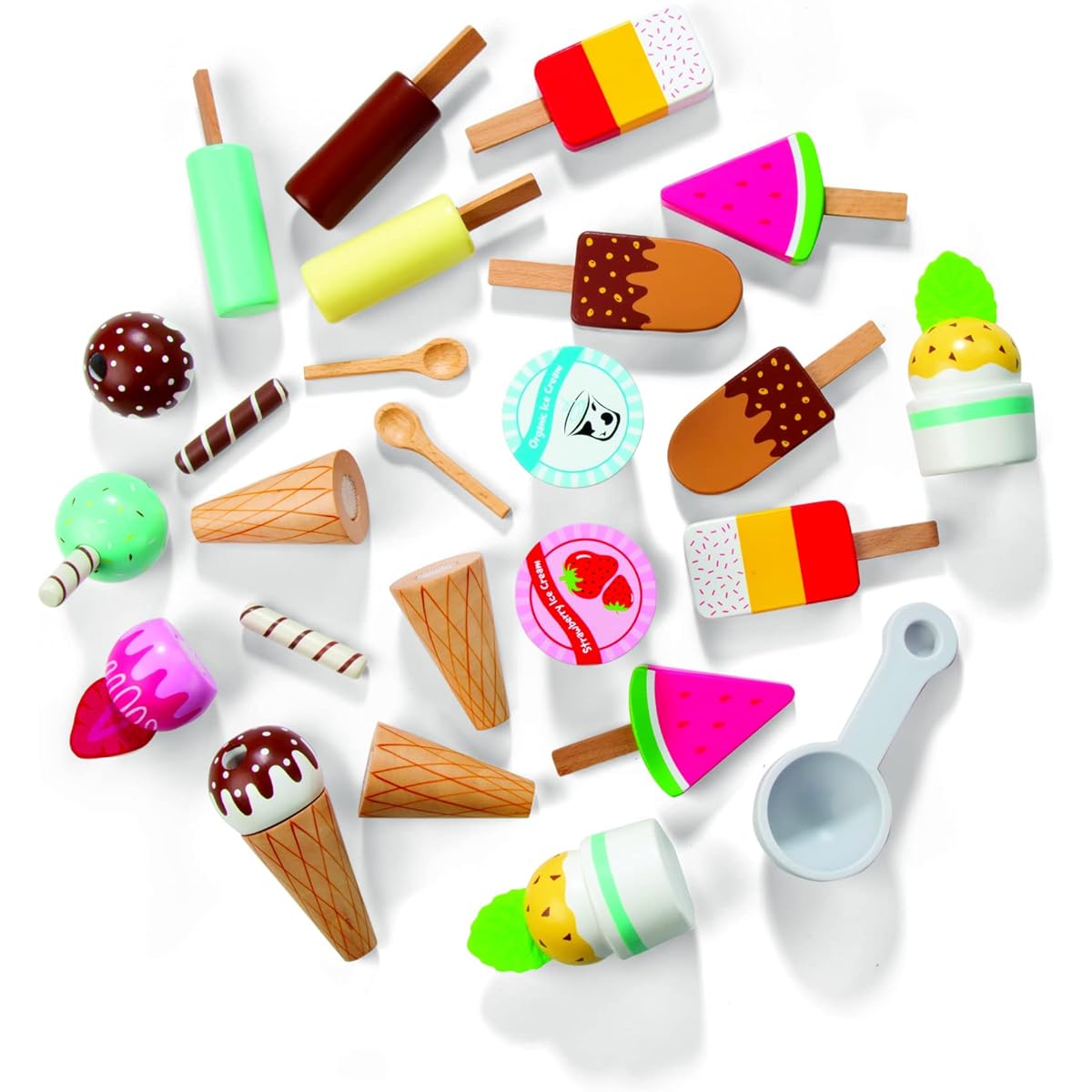 Ice Cream Truck Wooden Playset with 20 Fun Toys, Freezer with Handle, Sink & Sticker Sheet, Kids' Names, Popsicles, Cones, Scoopers & More for Outdoor Summer Fun