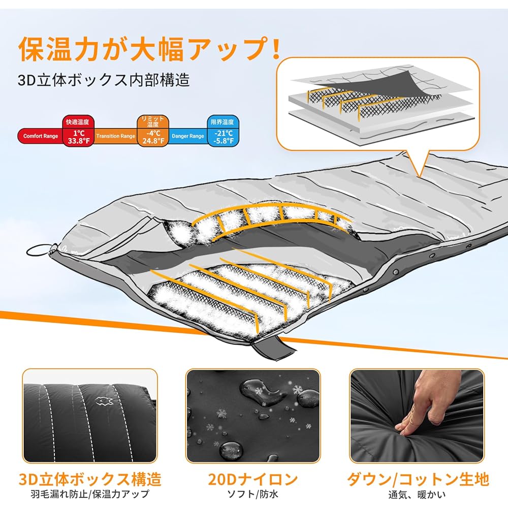 ATEPA Sleeping Bag, Envelope Type, Lightweight, Summer Sleep Bag, Compact -10℃ Cold Resistant, Waterproof, Connectable, Outdoor, Camping, Mountain Climbing, Disaster Prevention, Spring, Autumn, Winter, All Seasons, Storage Bag Included