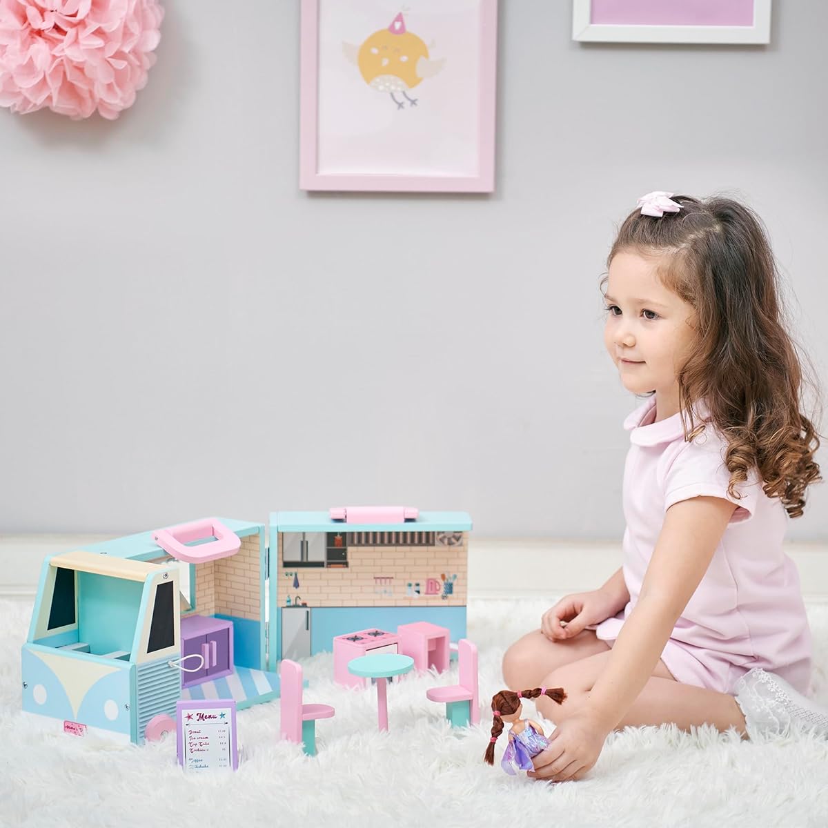 Olivia's Little World - Foldable Wooden Dollhouse Cafe Portable Food Truck Dollhouse Playset Pretend Play with 8 Accessories 2-Way Play Pretend Play Portable Toy Gift Set Blue/Pink Ages 3+