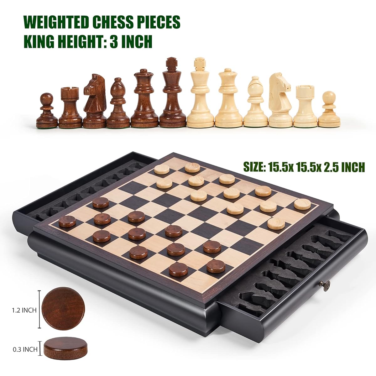 VAMSLOVE Chess and Checkers Board Game Set 15.5" Wooden Board Box with Storage Slots Classic 2-in-1 Large Size