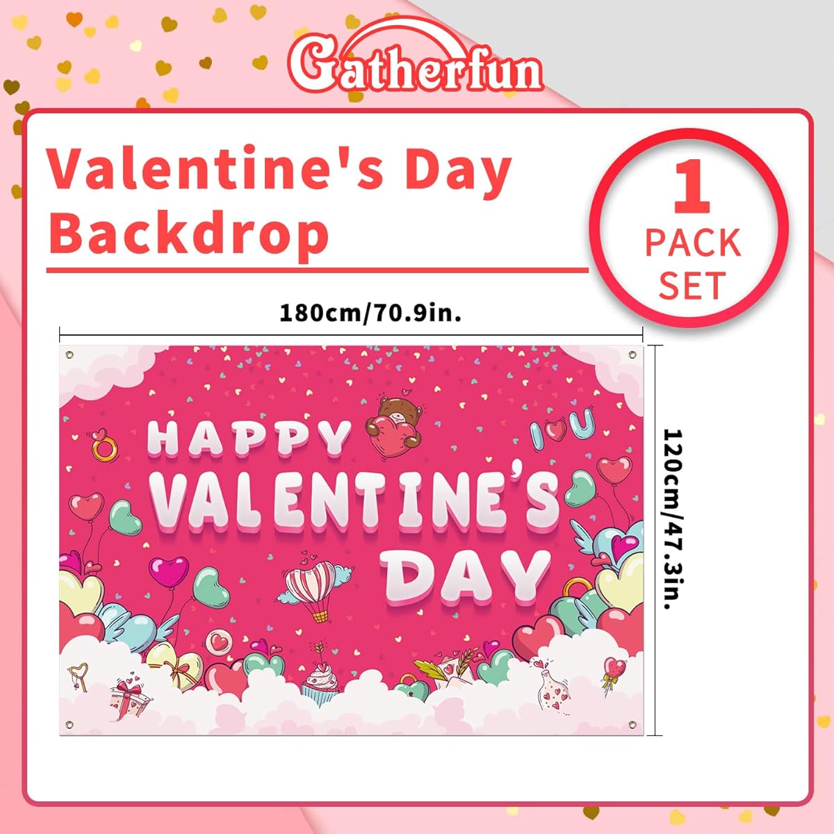Gatherfun Valentine's Day Background Banner Red Pink Love Heart Party Decoration Large Photo Backdrop for Valentine's Day Party