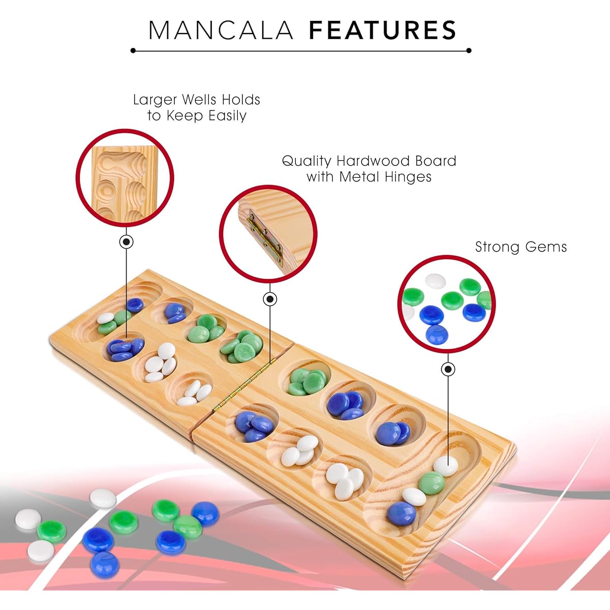 Point Games Solid Pine Mancala Folding Board Game with Blue/Green/White Marbles, Portable Strategy Travel Game, Recommended for Ages 6+