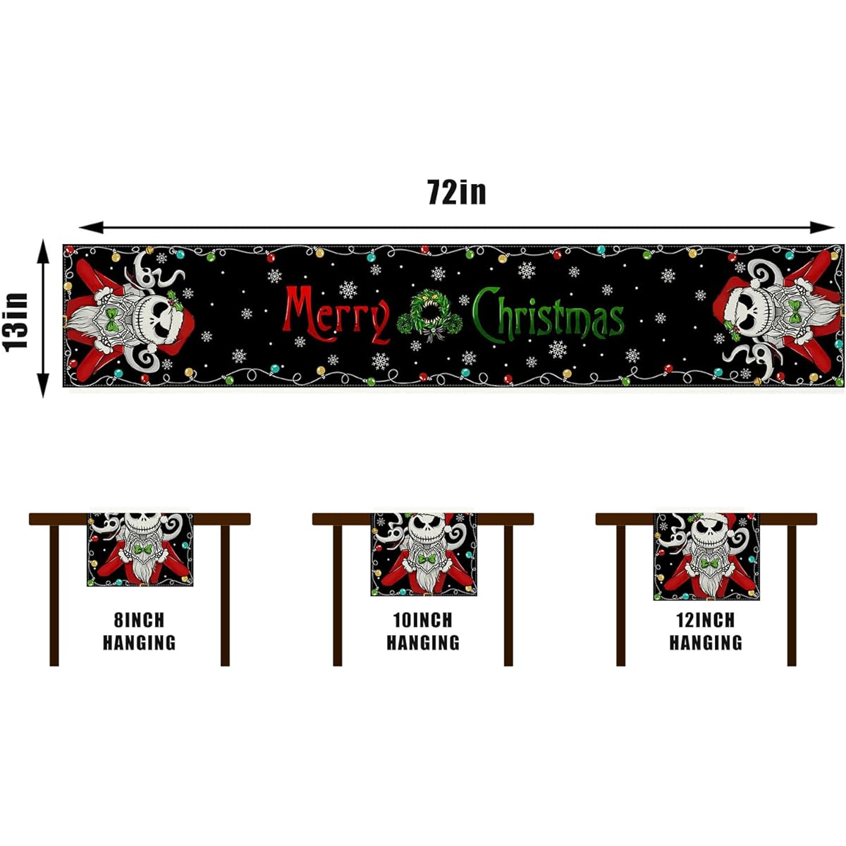 Linen Christmas Table Runner Halloween Gothic Skull Tablecloth Christmas Nightmare Before Decorations for Home Kitchen Table Home Kitchen Table Decorations - 13 x 72 Inches