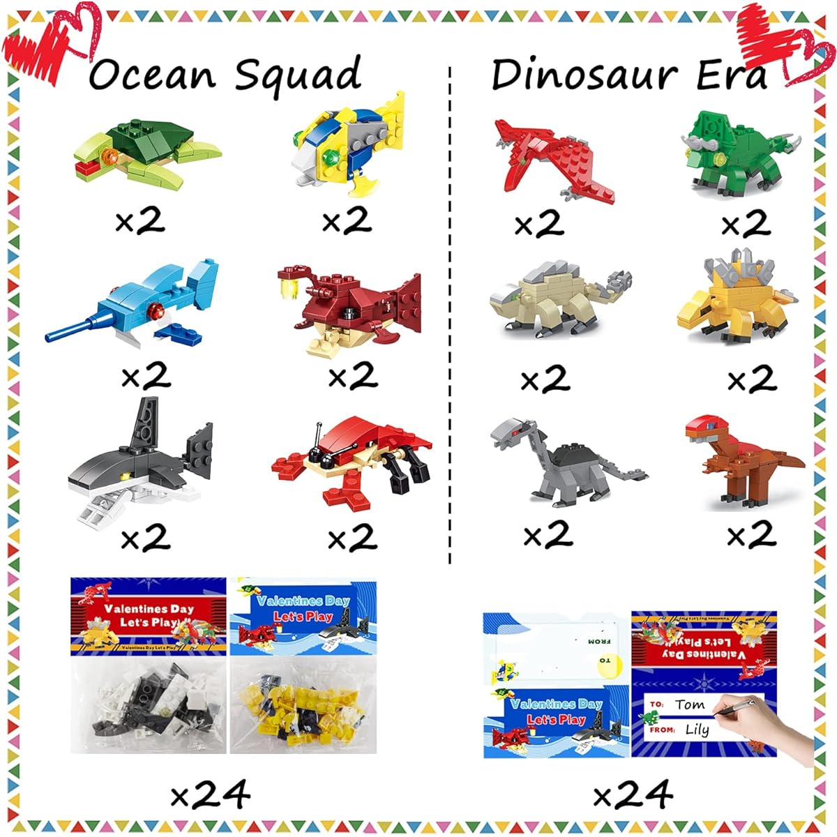 24 Pack Valentine's Day Gifts for Kids Valentine's Day Cards Dinosaur Ocean Animal Building Blocks Valentine's Party Favors Classroom Exchange Gifts Valentine's Greeting Cards Game Giveaways