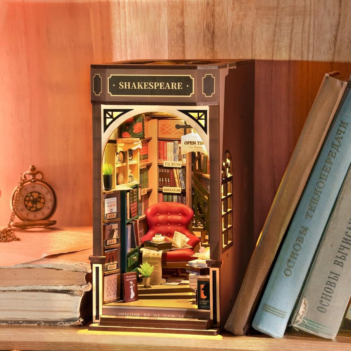" 194pcs For Beginners Handmade Kit Illustrated Instructions Included Wooden Puzzle Wooden Puzzle Miniature Kit Bookstand LED Lighting Bookshelf Decoration Assembly Woodcraft Official Sales For Adults and Upper Grades Halloween Christmas Birthday Present