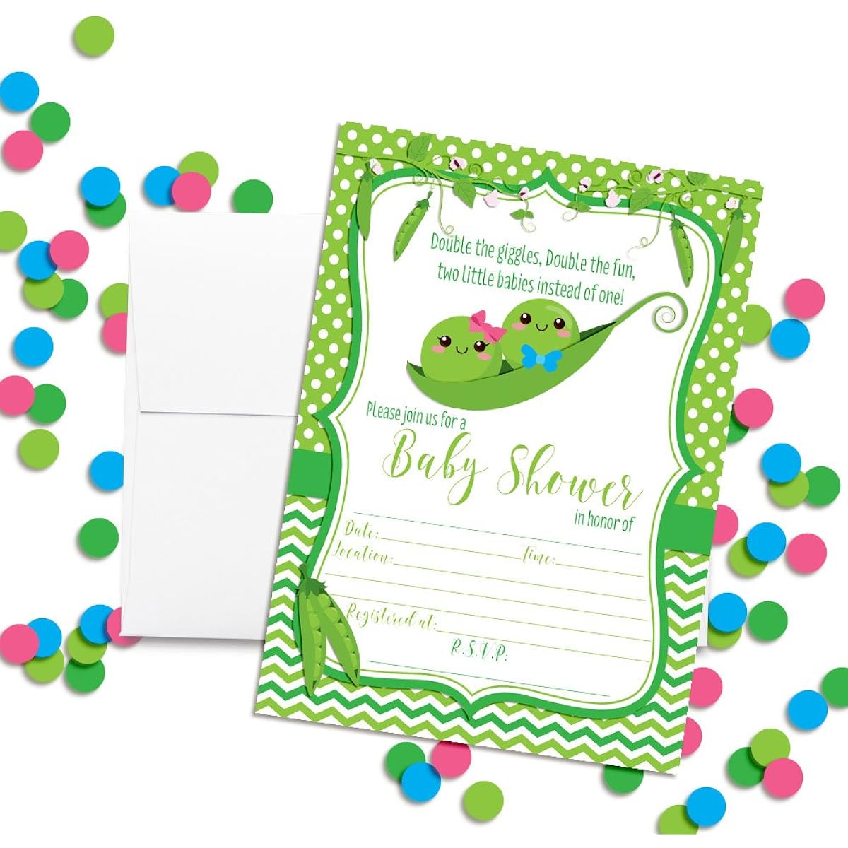 Two Peas in a Pod Twin Boy and Girl Baby Shower Invitations (10 5"x7" Fill in Cards with 10 White Envelopes) by AmandaCreation
