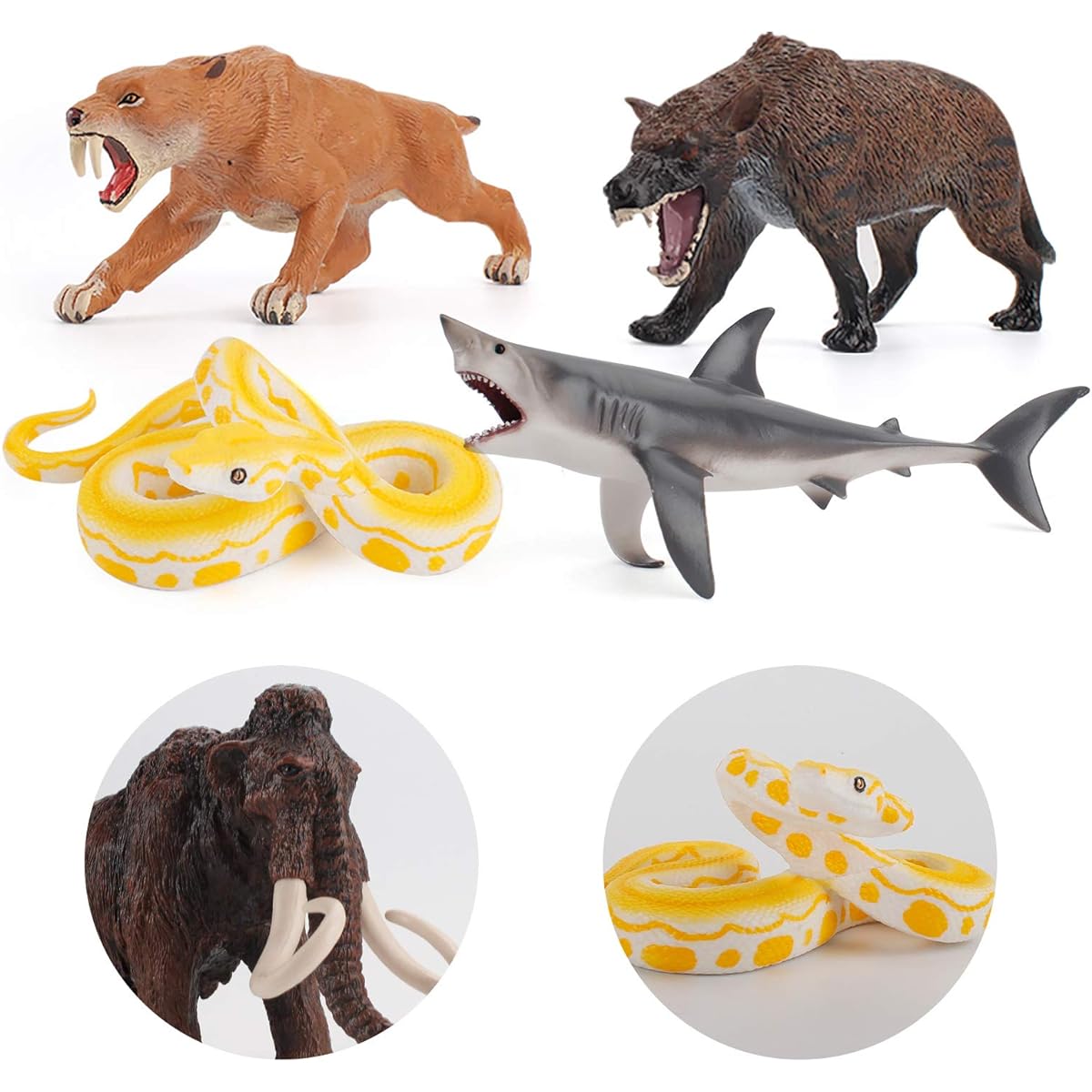 7 Pieces Ancient Creatures Animal Model Figures Mammoth Saber Tooth Tiger Shark Crocodile Snake Party Favors Cake Topper Decorations Toys for 5 6 7 8 Years Old Boys Girls Kids Toddlers