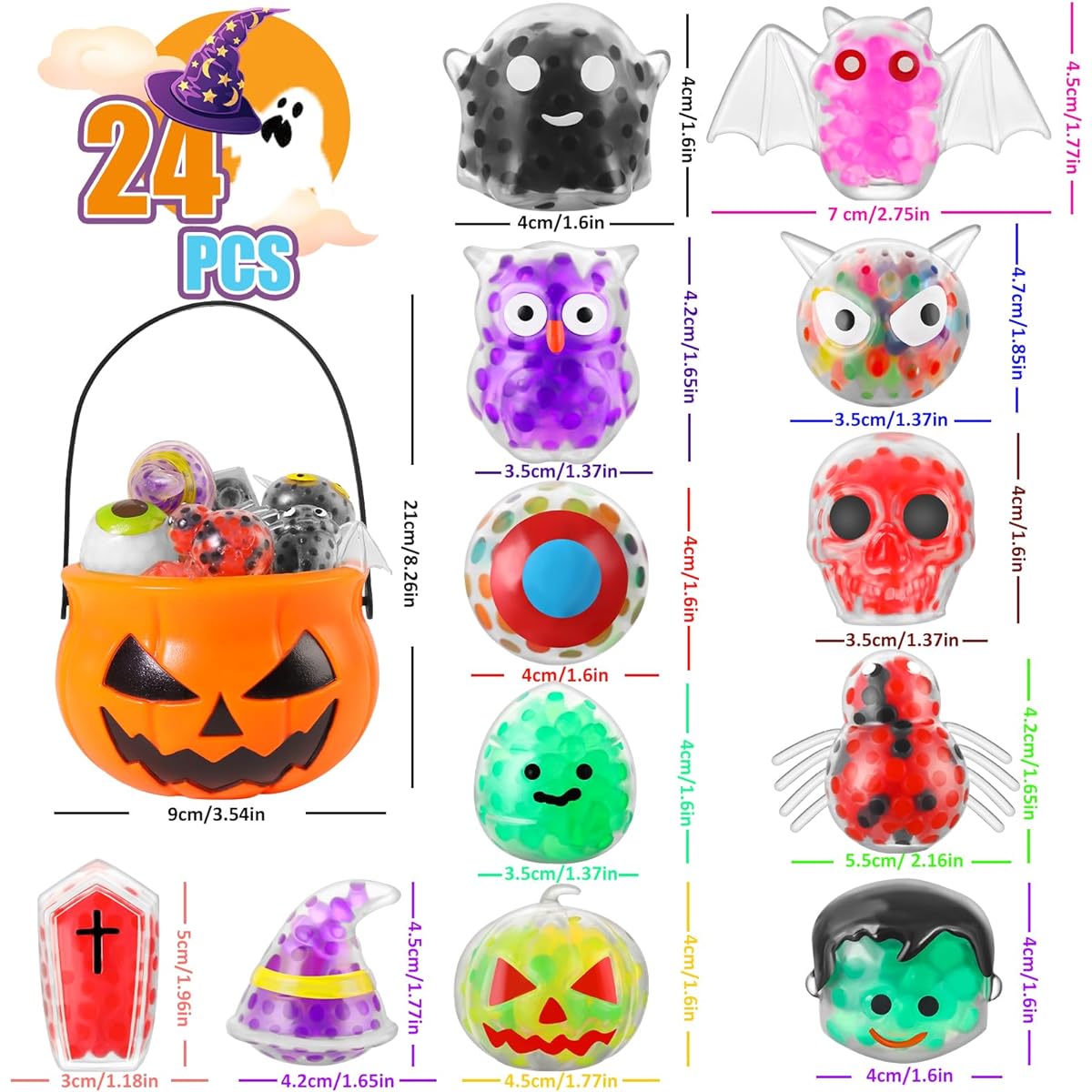 SCIONE 24pcs Halloween Party Favors Squishy Toys with Water Beads Stress Relief Squishy Fidget Toys Classroom Giveaways Birthday Gifts Halloween Goodie Bag Stuffers